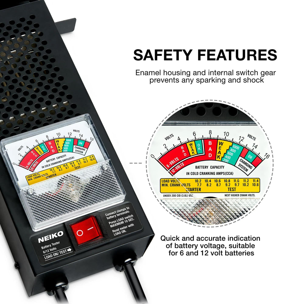 NEIKO 40510A analog meter display for at-a-glance battery condition readings.