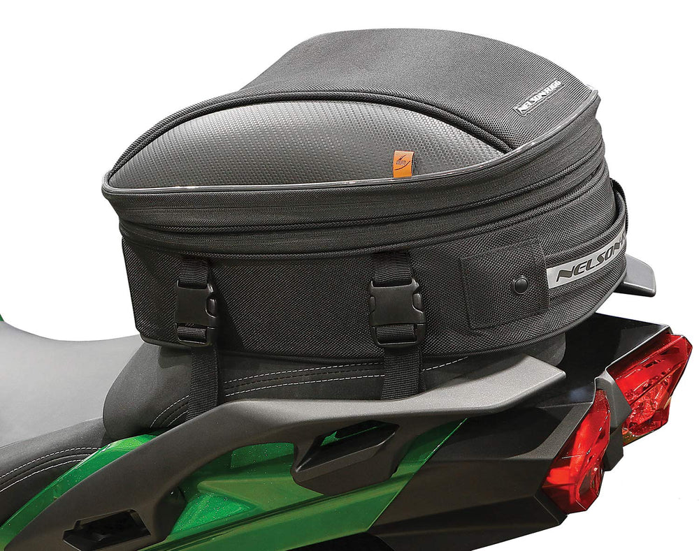 Nelson-Rigg CL-1060-S2 black tail bag mounted securely on a sport motorcycle.