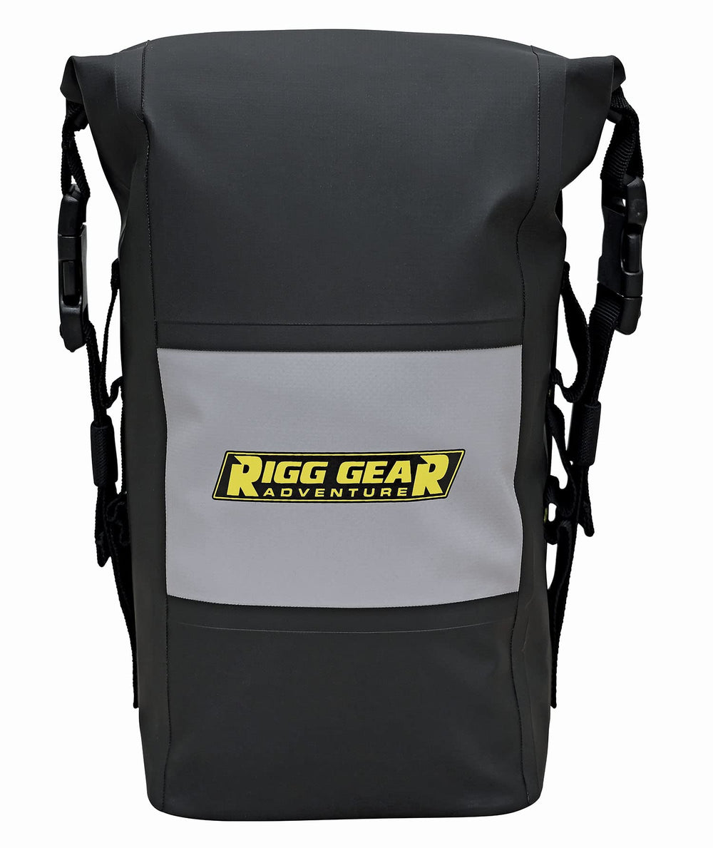 Nelson-Rigg Hurricane RiggPak mounted on a motorcycle crash bar for secure storage.