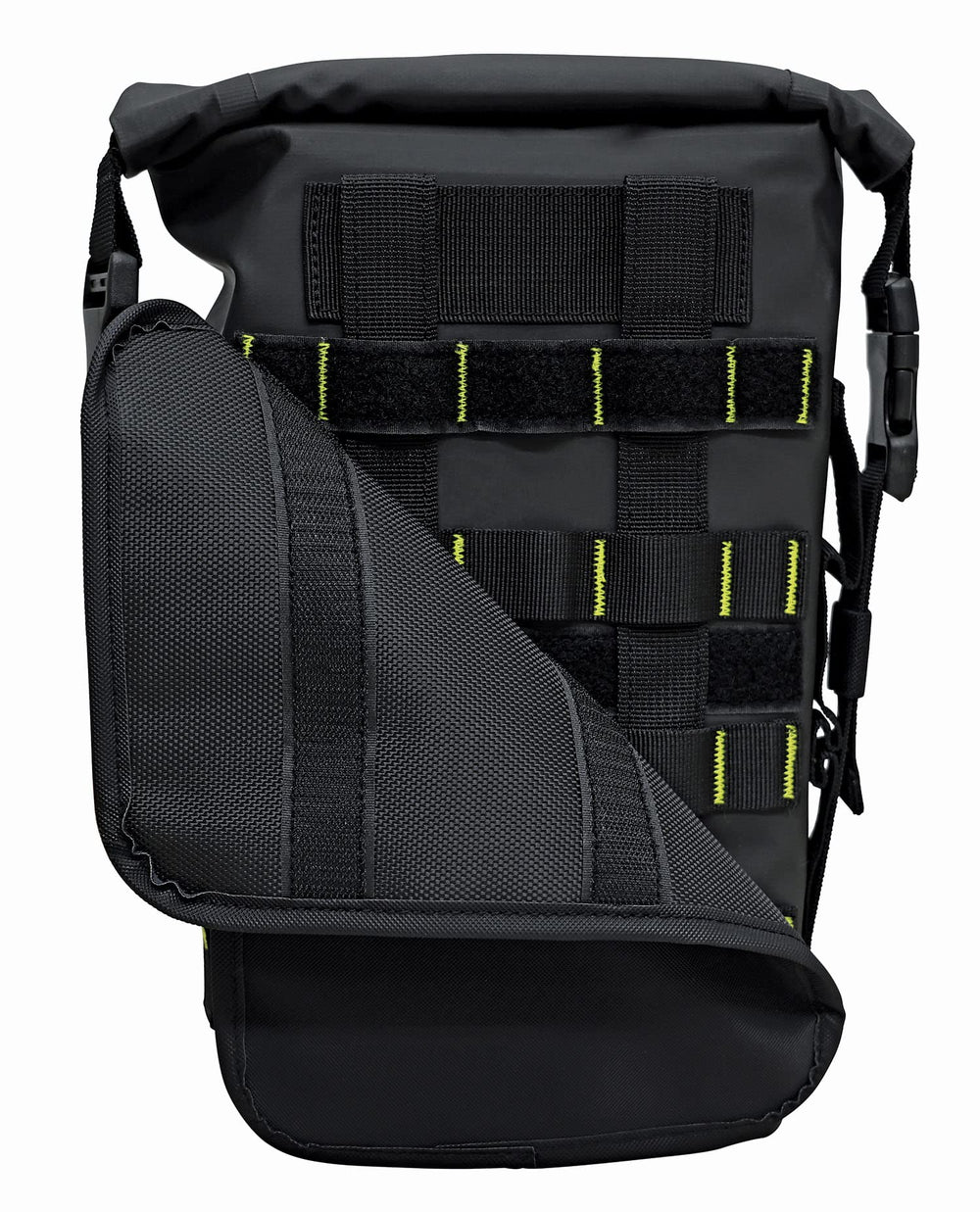 Nelson-Rigg Hurricane RiggPak demonstrates waterproof roll closure protecting gear outdoors.