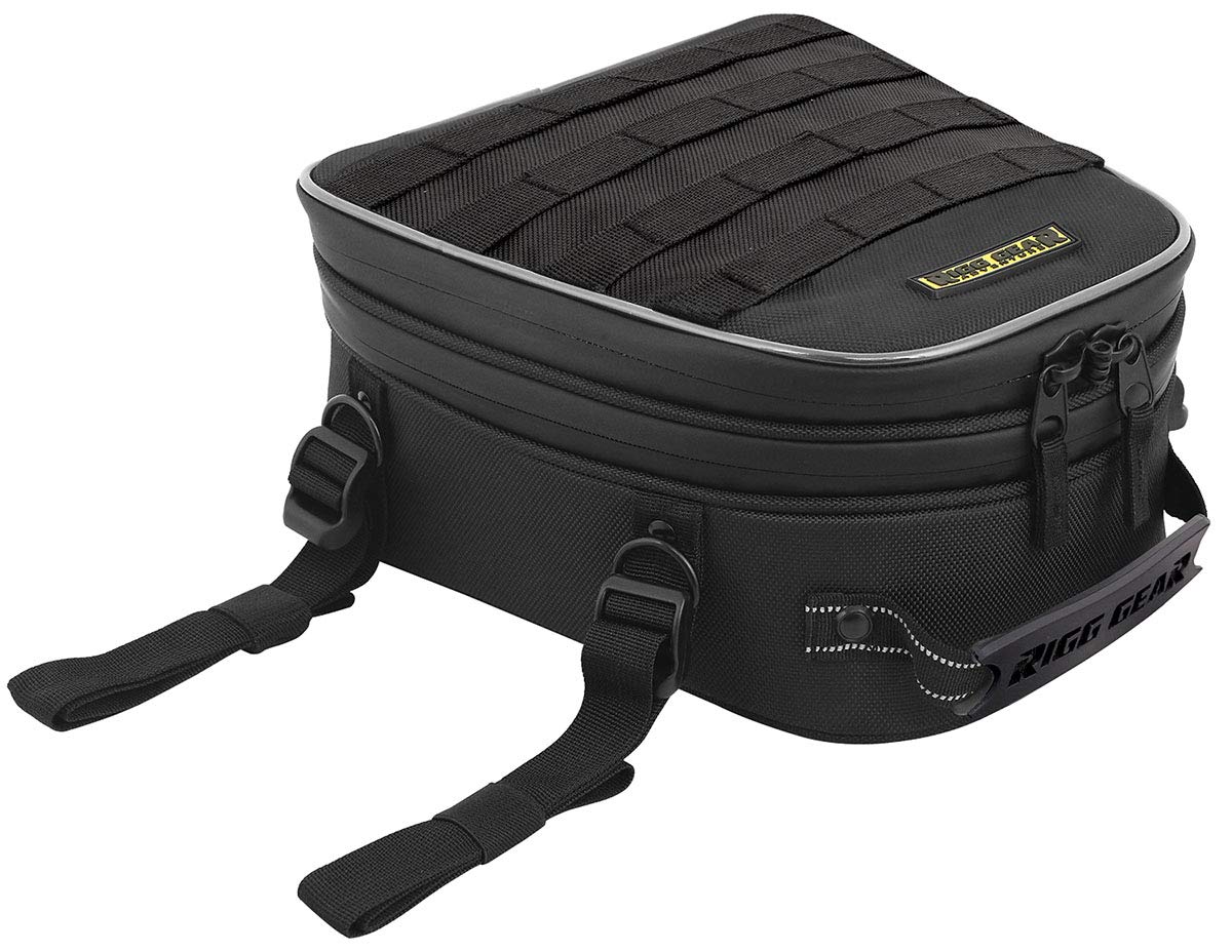Nelson-Rigg Trails End tail bag, side view, secure mounting on a dual-sport bike