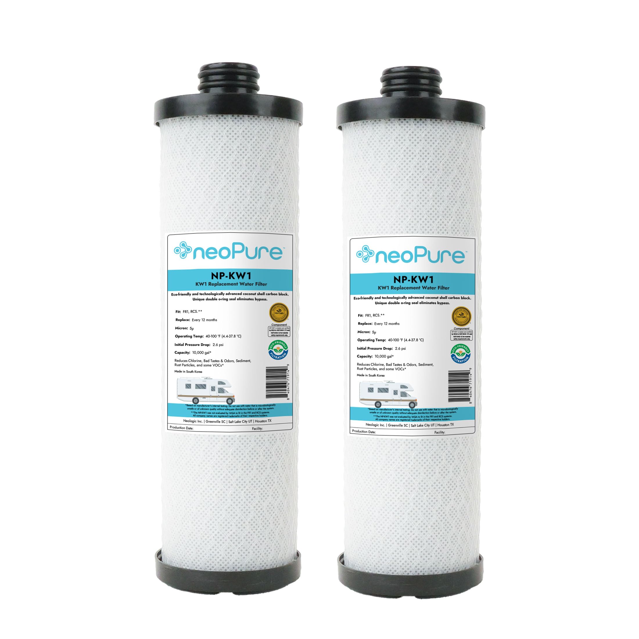 Neo-Pure NP-KW1 10-inch carbon block cartridge reduces chlorine and sediment in RV water