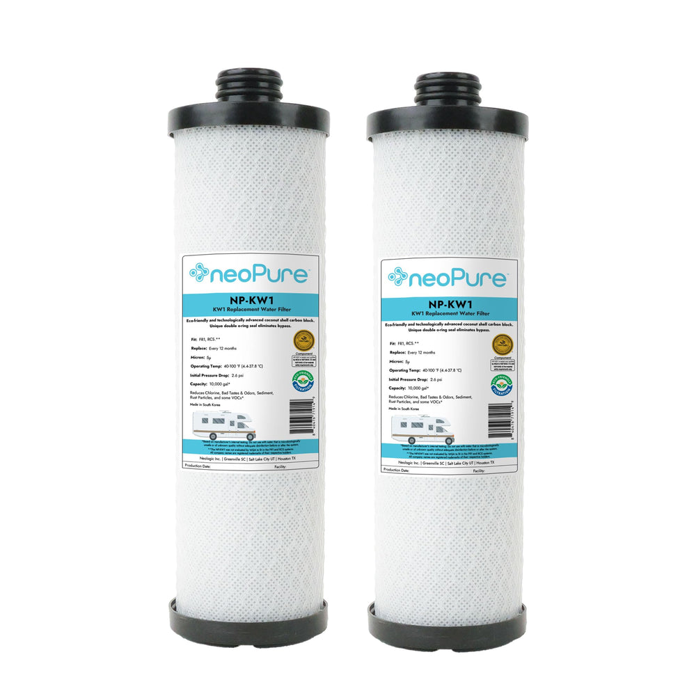 Neo-Pure NP-KW1 10-inch carbon block cartridge reduces chlorine and sediment in RV water