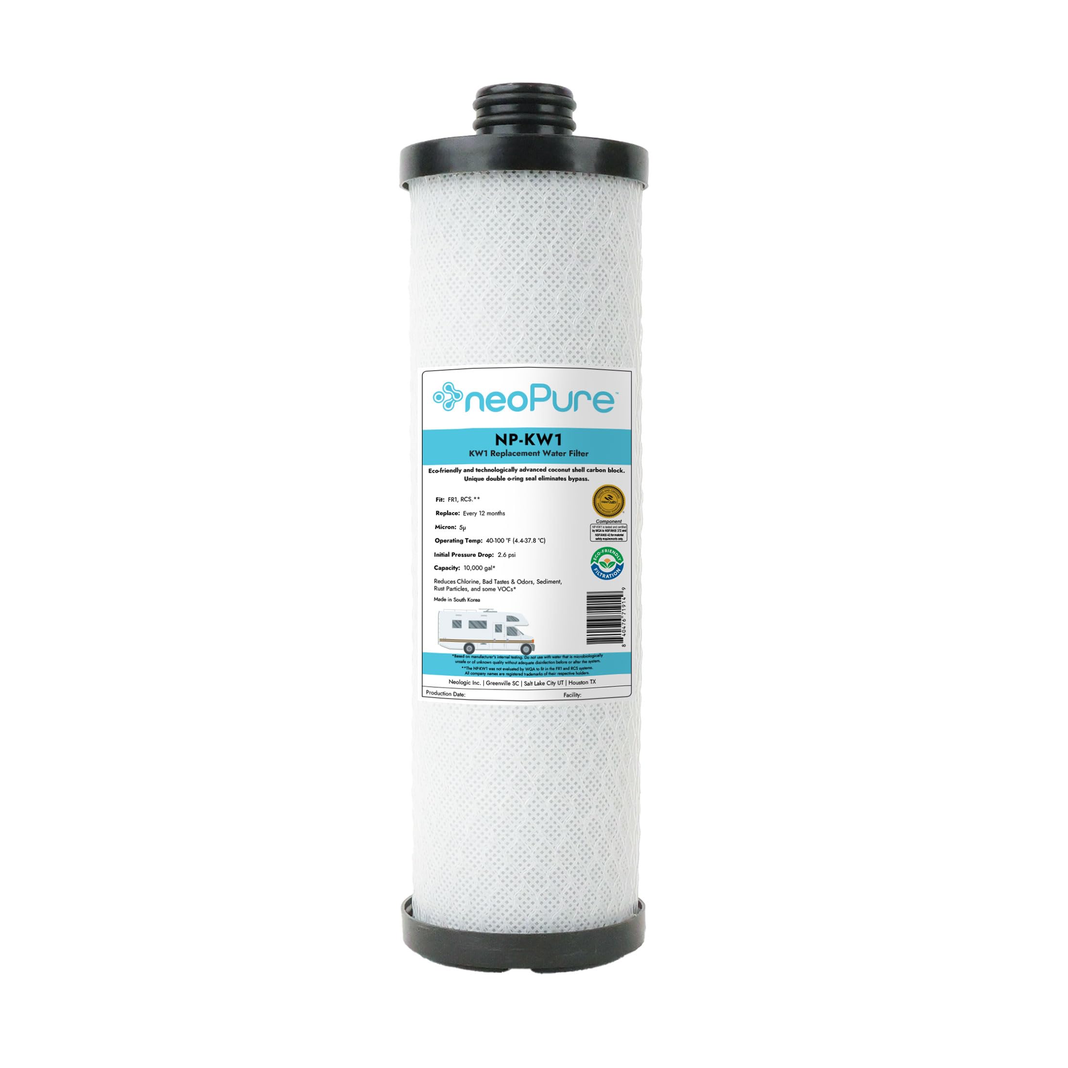 Neo-Pure NP-KW1 packaging box highlights portable RV and boat filtration