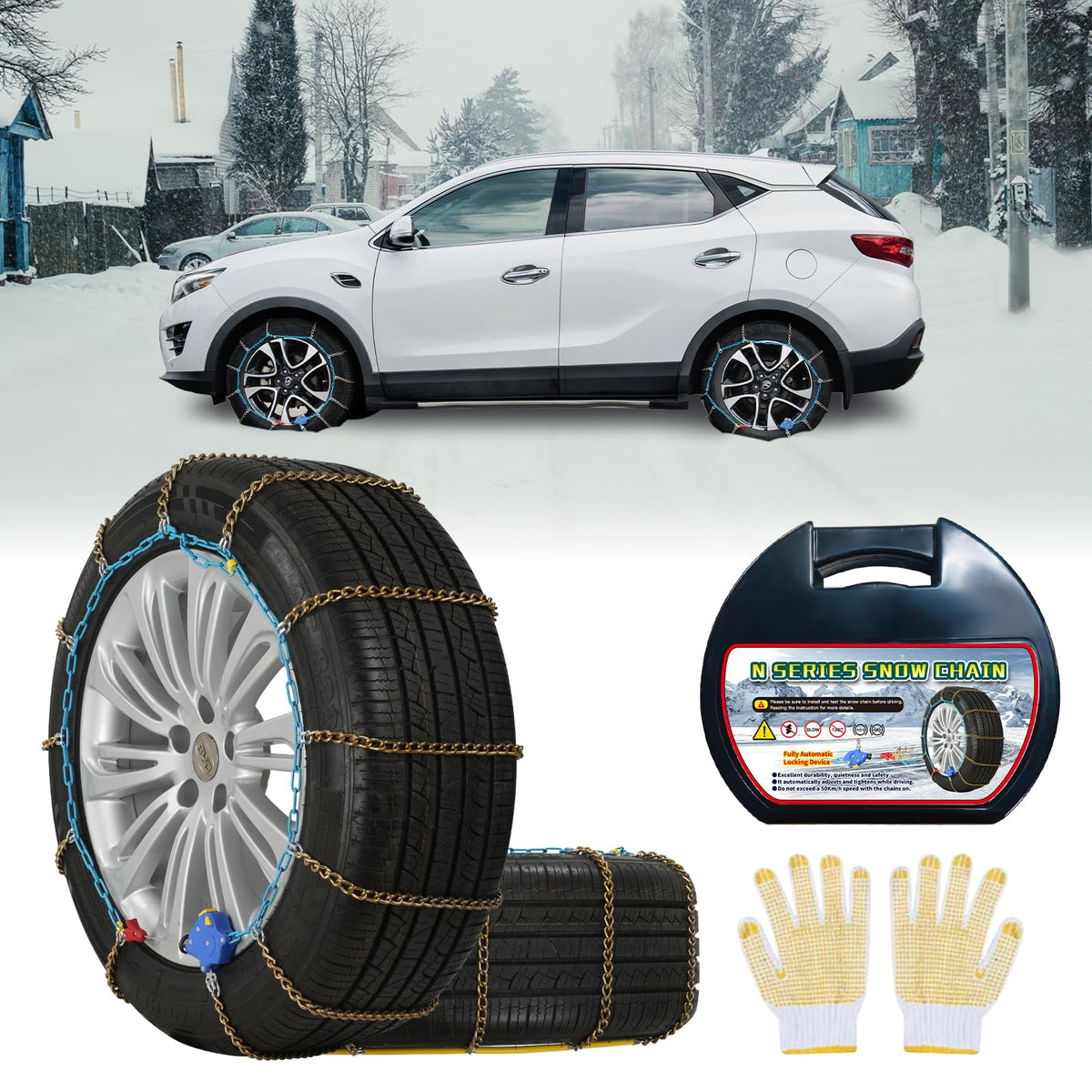 NEOCHIAEVO HLN170 auto-tightening snow chains front view showing instant traction.