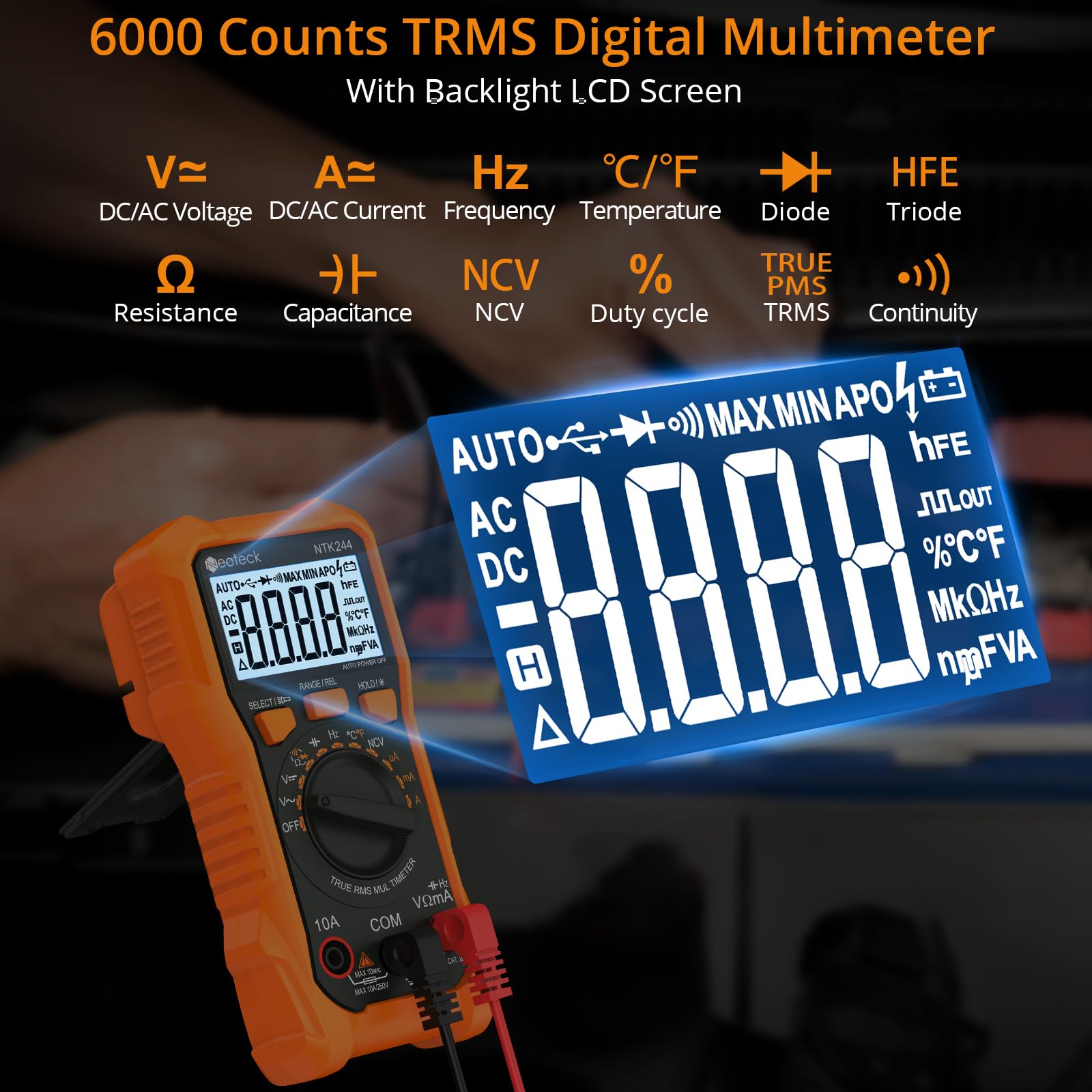 Neoteck digital multimeter LCD backlight for clear readings in low light