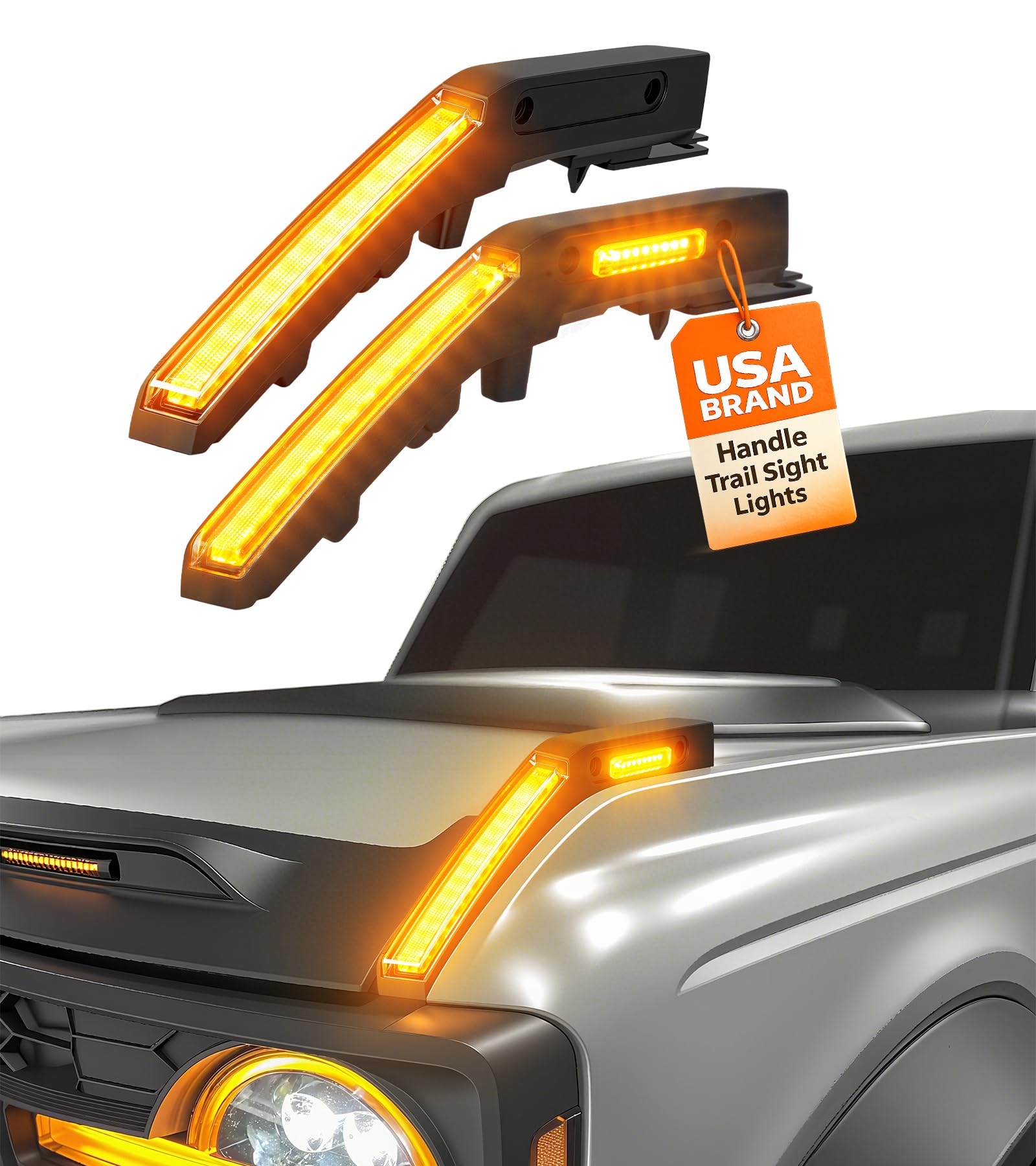 NEOXIST LED hood handle trail sight light with amber DRL and side markers enhances Bronco visibility.