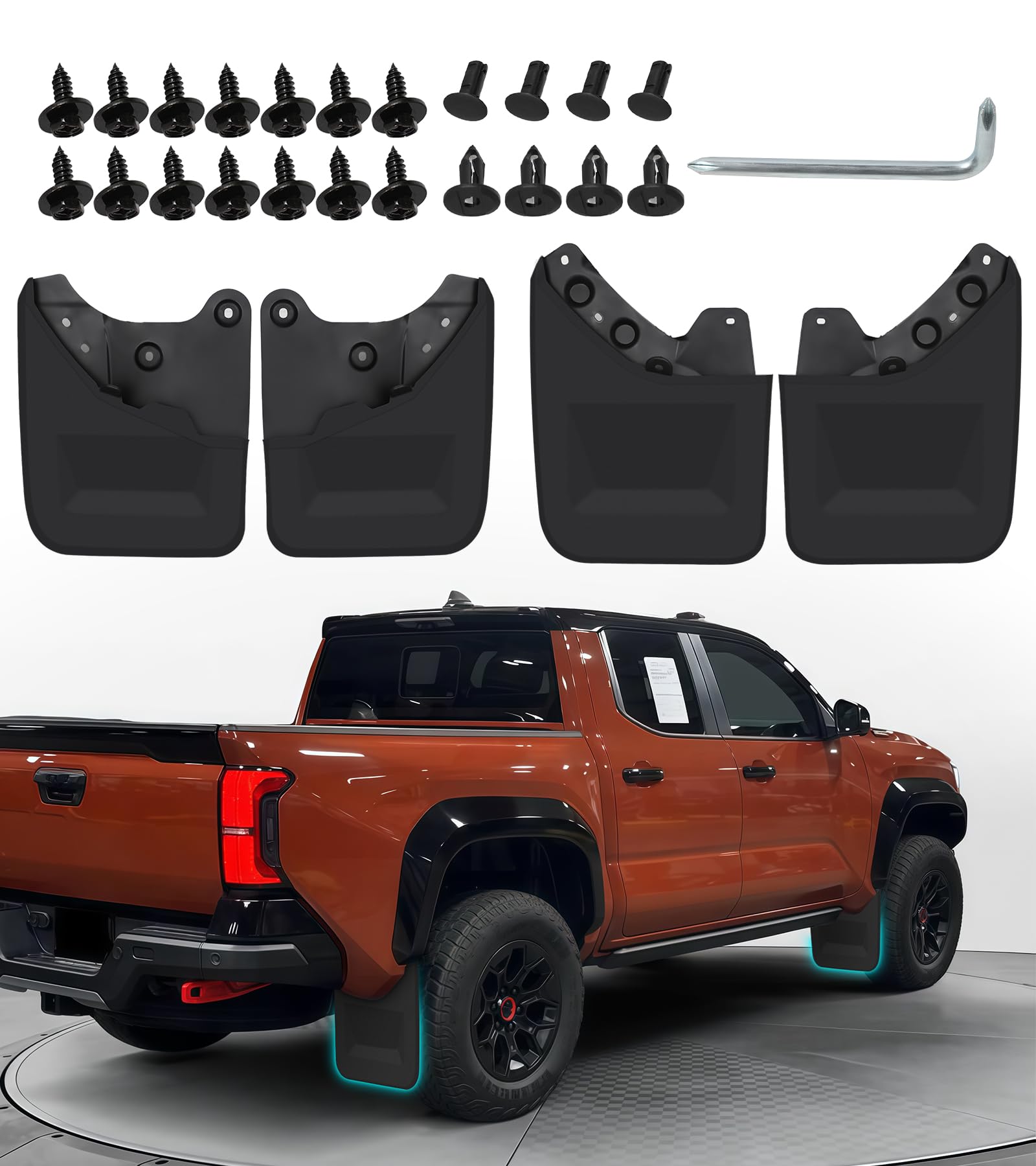 NEOXIST front mud flap assembly protects Toyota Tacoma from rocks and spray.