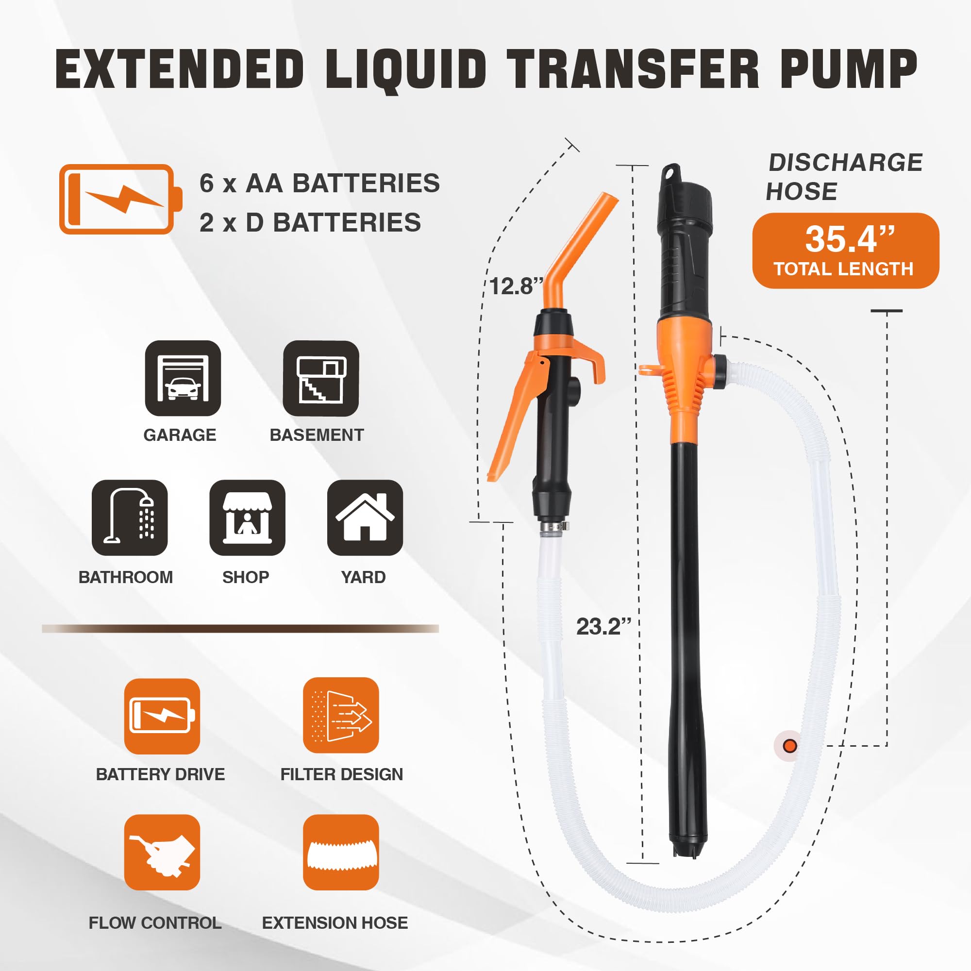 Neuradical fuel transfer pump with 16-inch suction tube for cans and jerrycans.