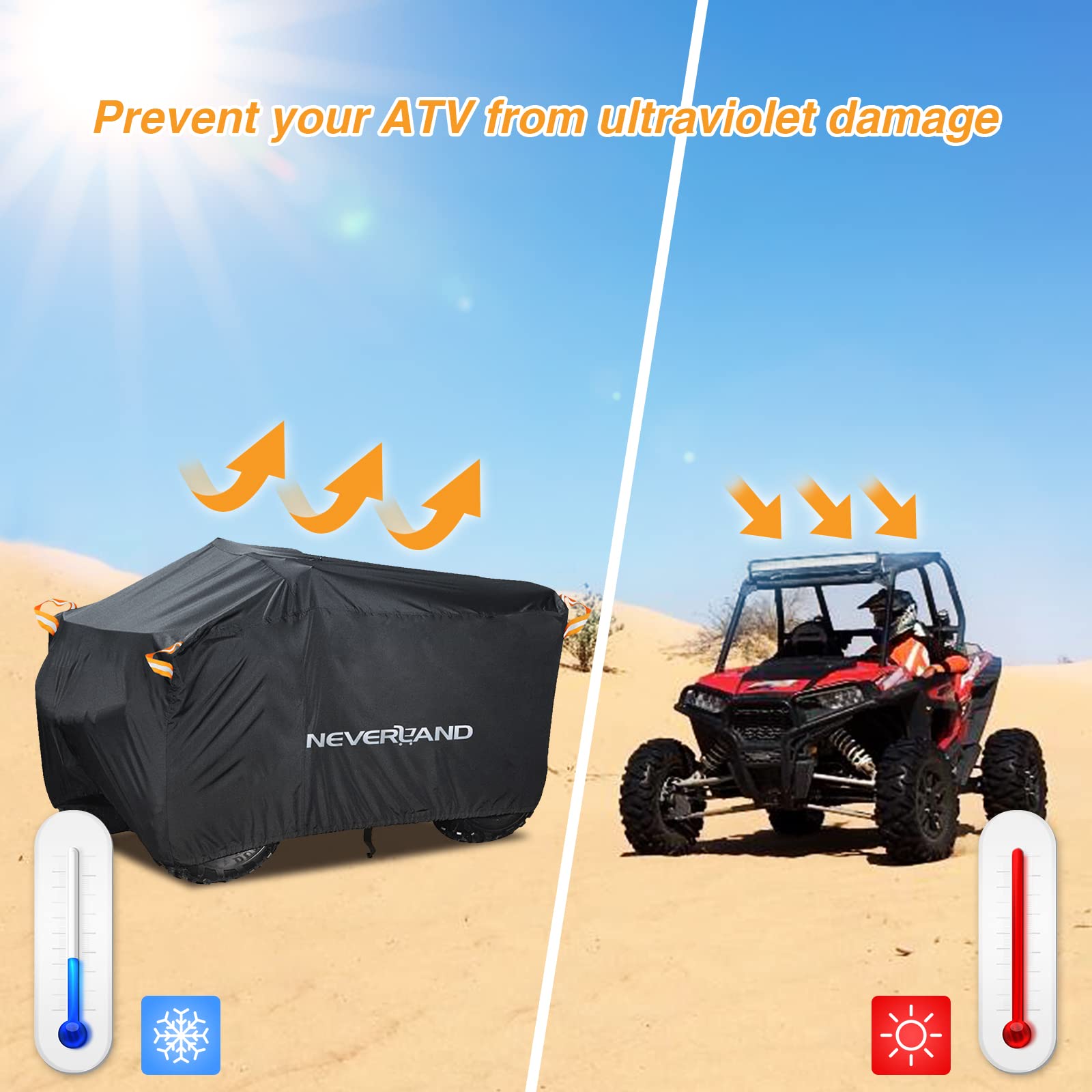NeverLAND ATV cover in black hides wear while protecting the quad outdoors.