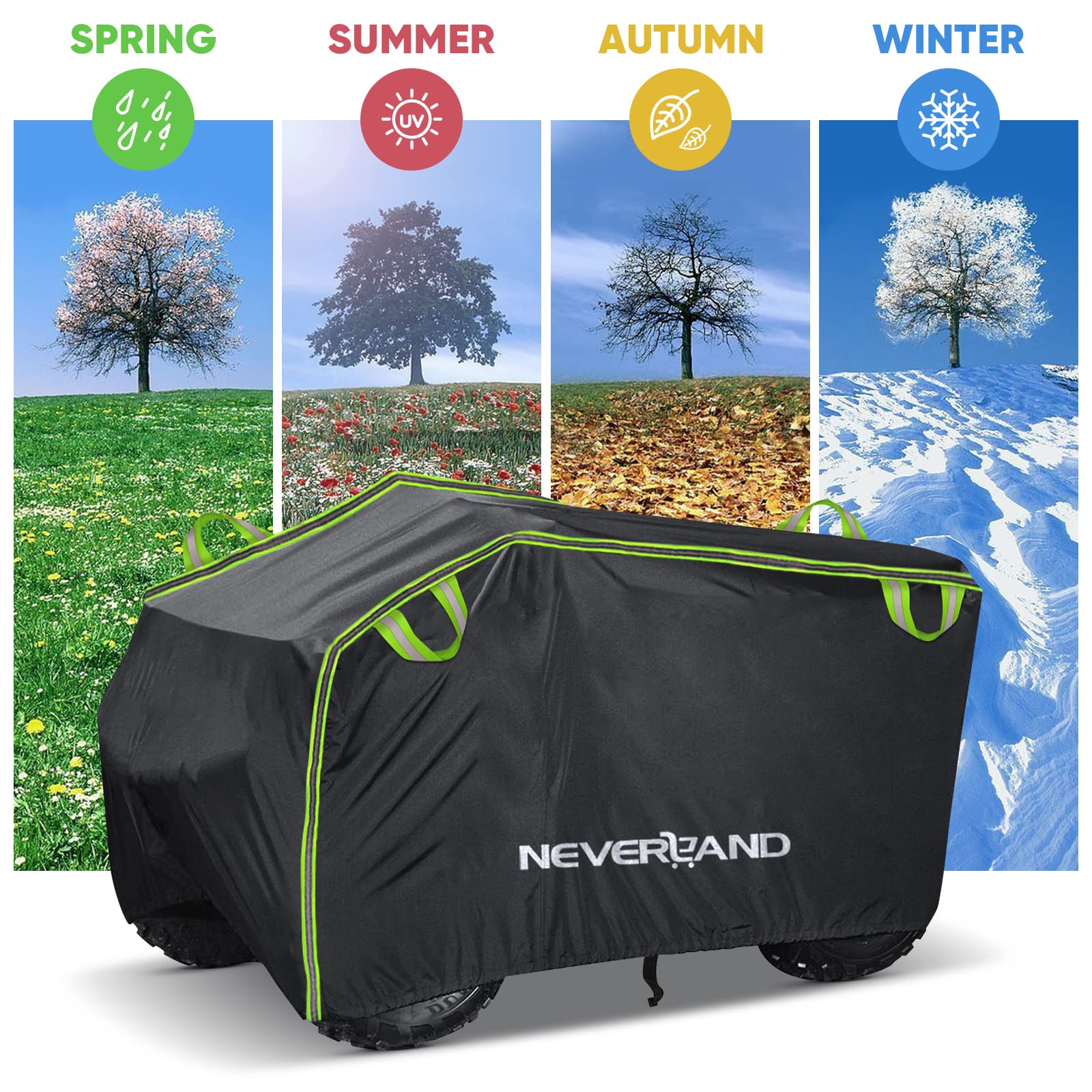 Neverland ATV cover XL size shows dimensions of 82.68 by 47.24 by 45.28 inches