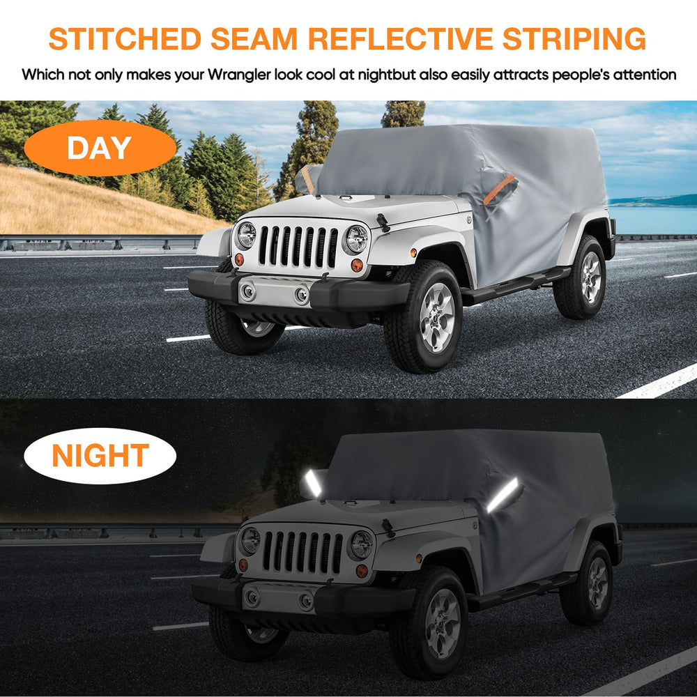 NeverLAND all-weather cab cover shields Wrangler from sun and rain