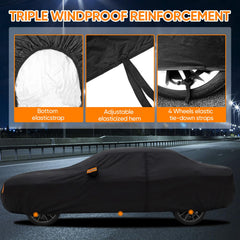 NeverLAND elastic hem and wheel straps secure the cover against wind