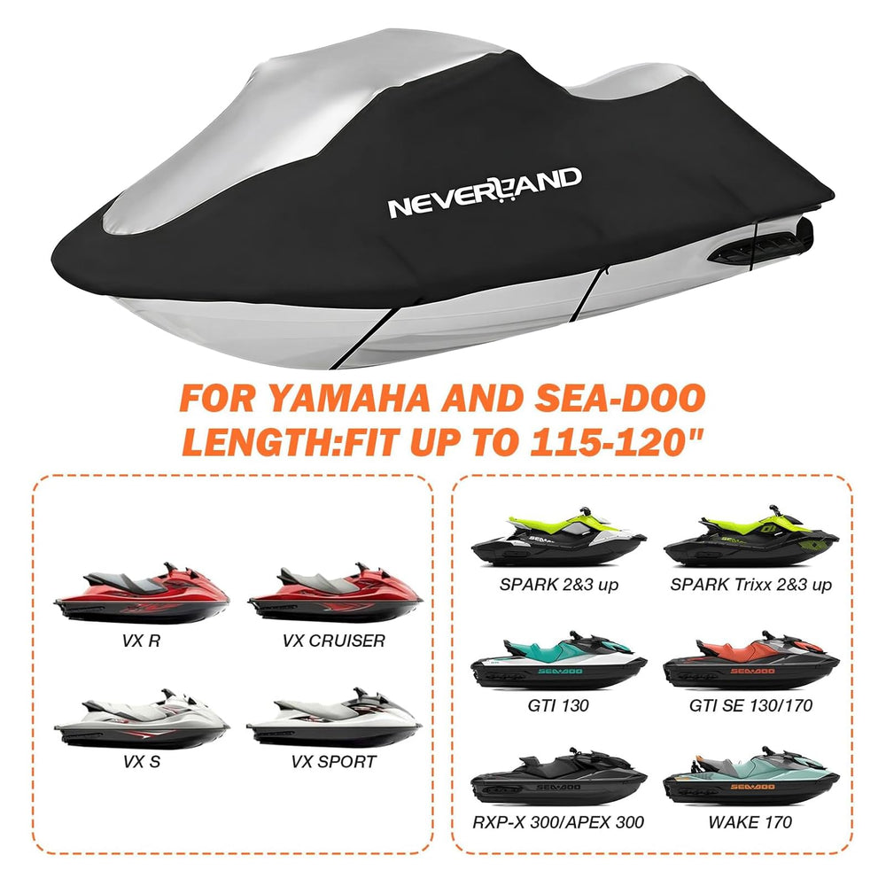 Neverland jet ski cover side view showing snug fit for 115–120 inch models.