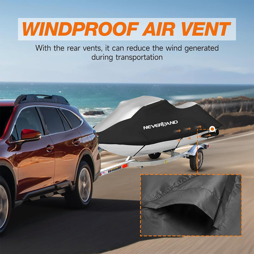 Neverland jet ski cover buckles and straps show secure trailering fit.