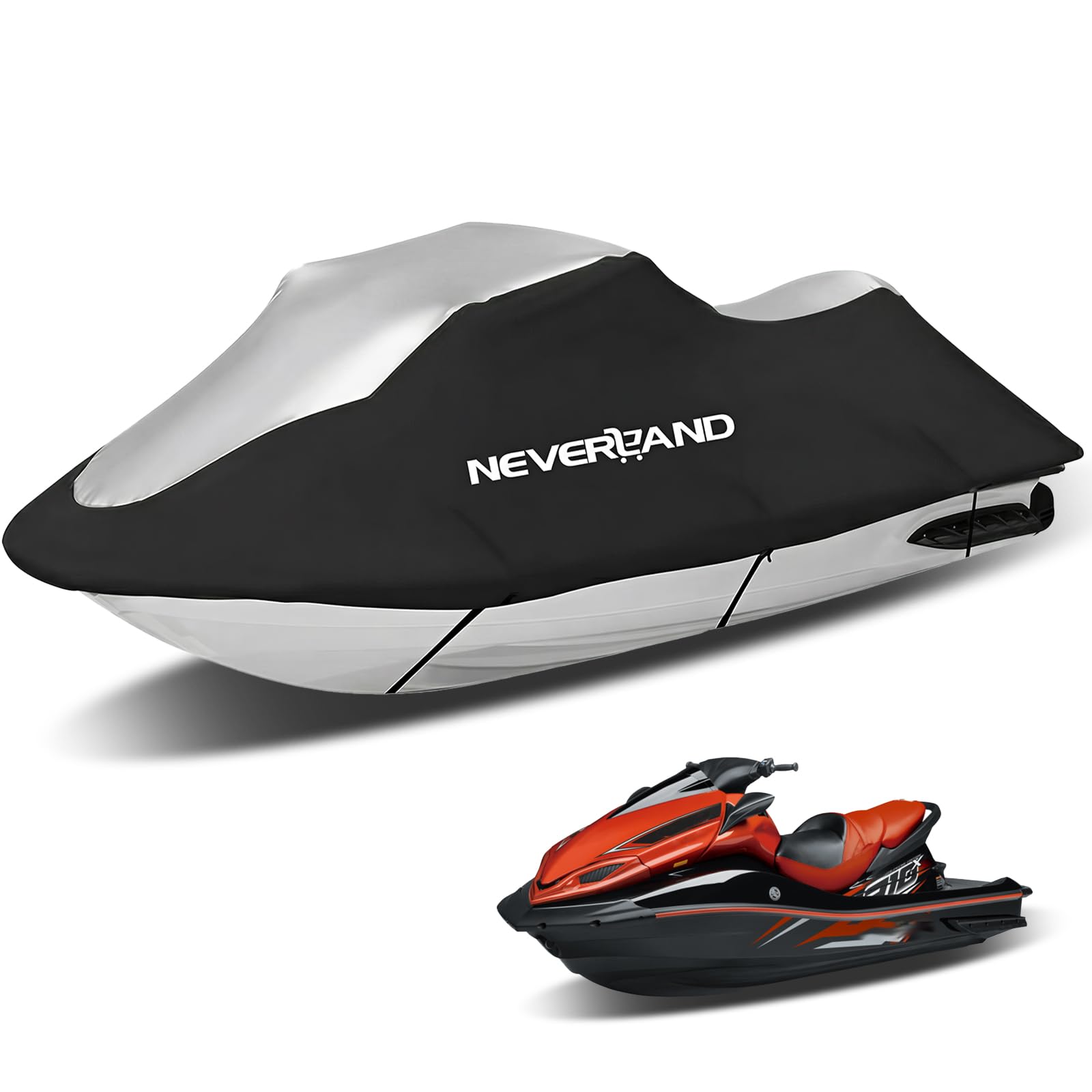 NeverLAND jet ski cover front-angle shields cockpit from sun and rain.