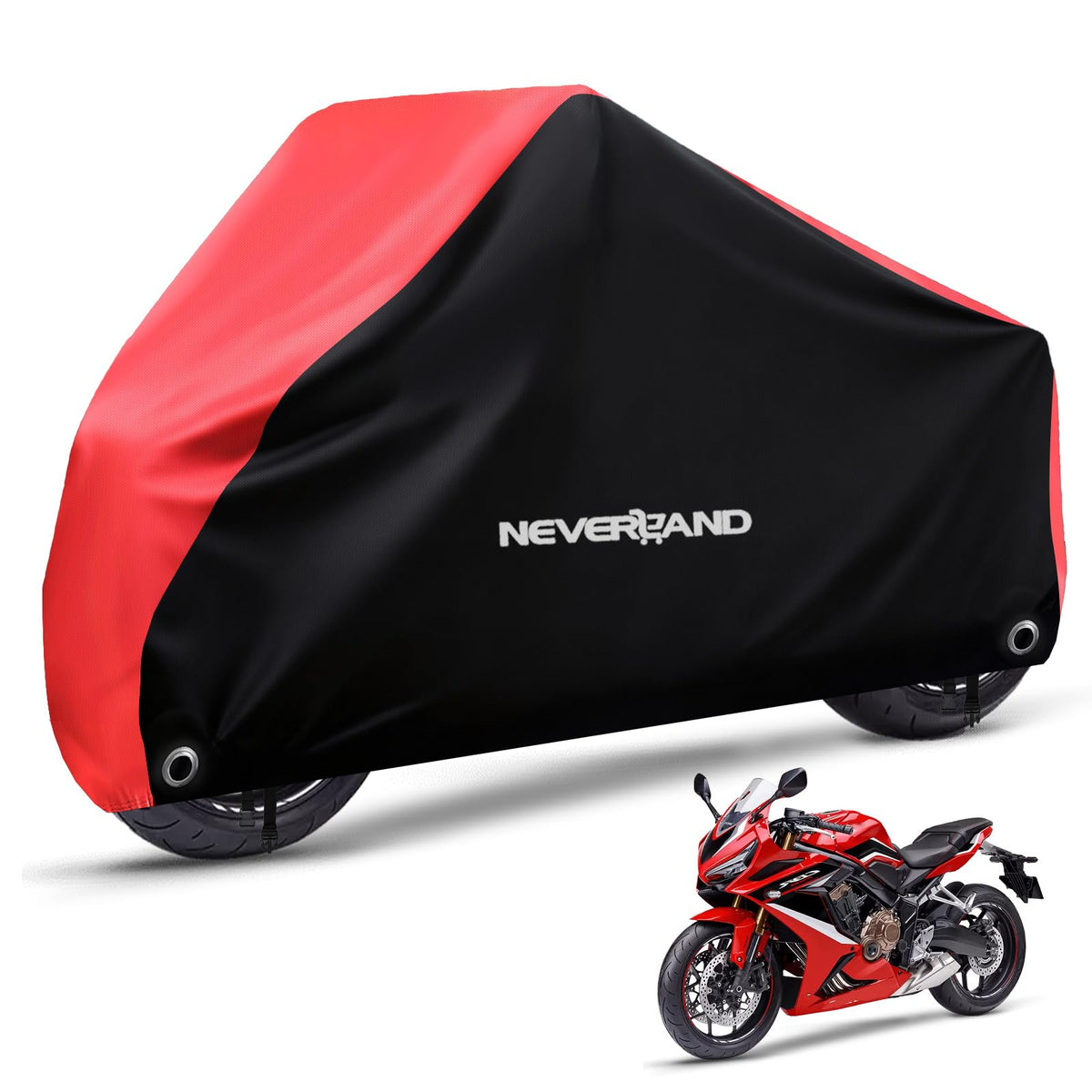 NeverLAND motorcycle cover front view shows rugged waterproof protection against the elements.