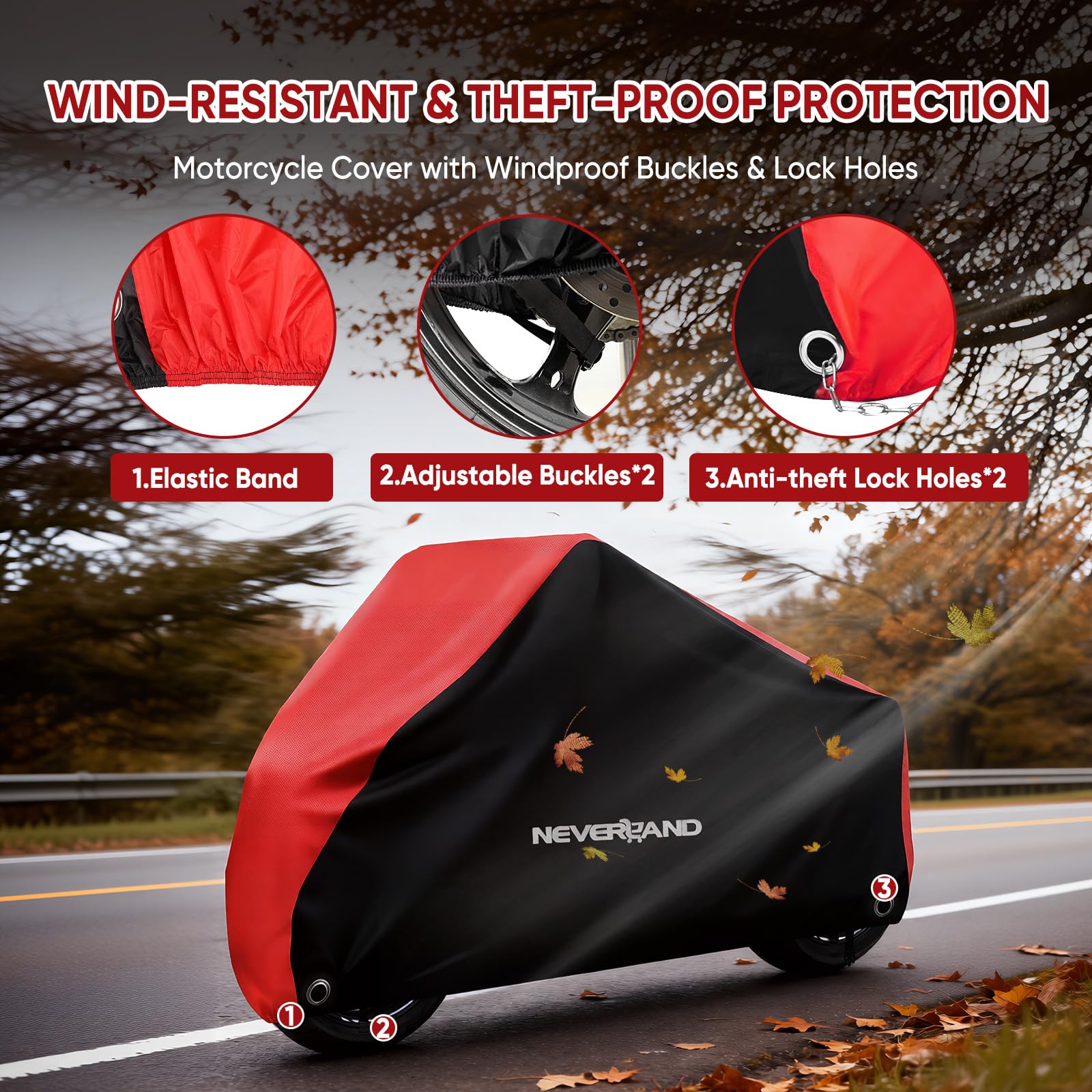 NeverLAND motorcycle cover lock holes provide additional security for outdoor parking.