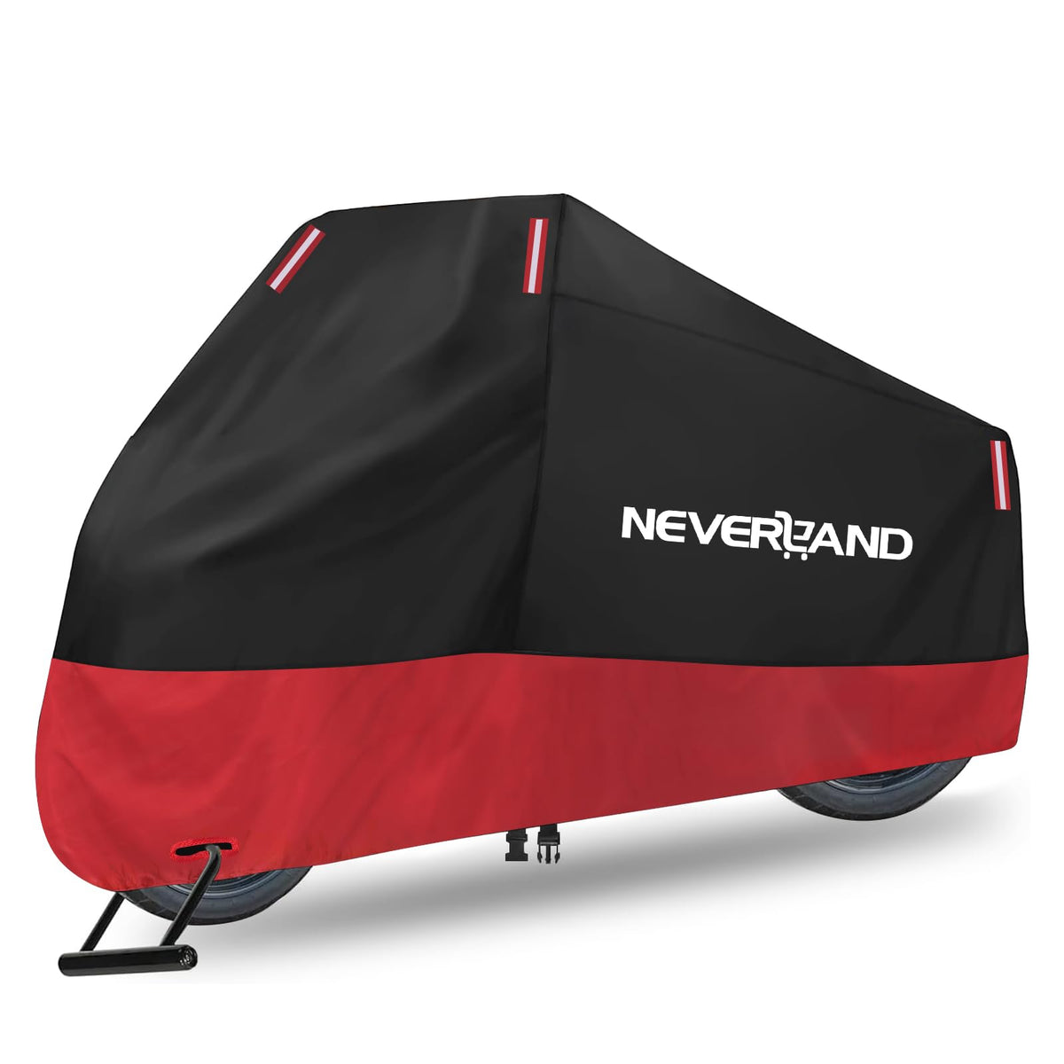 NeverLAND motorcycle cover in rainproof 300D fabric shielding a bike from rain and moisture
