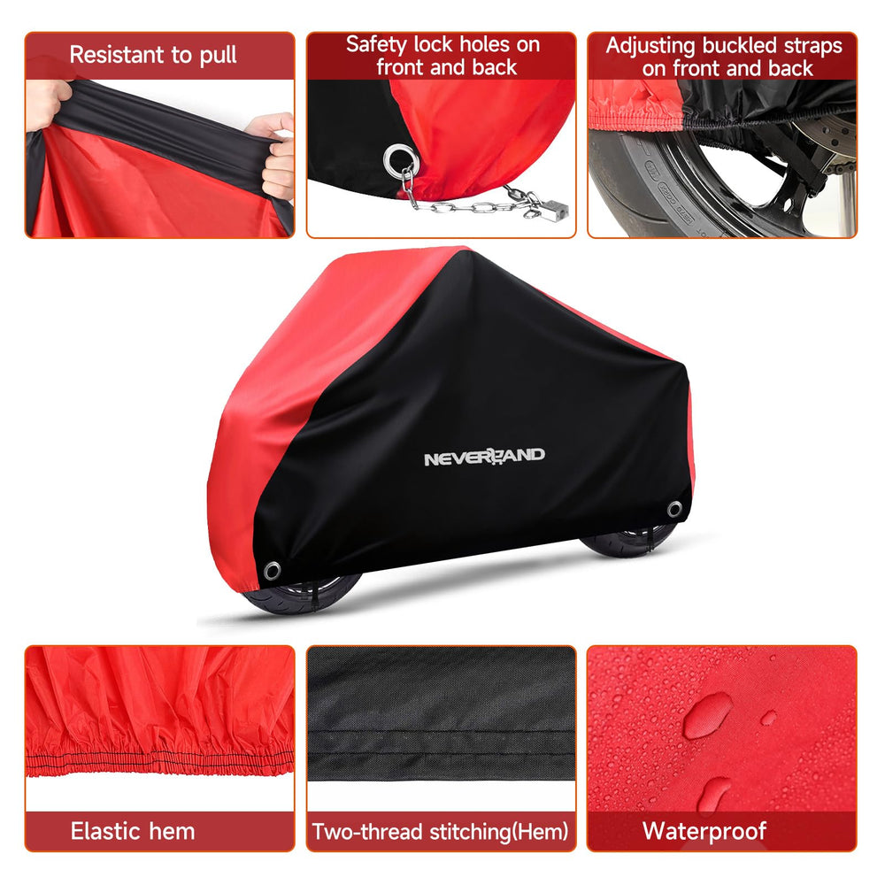 NeverLAND motorcycle cover side profile demonstrates snug fit for outdoor storage.