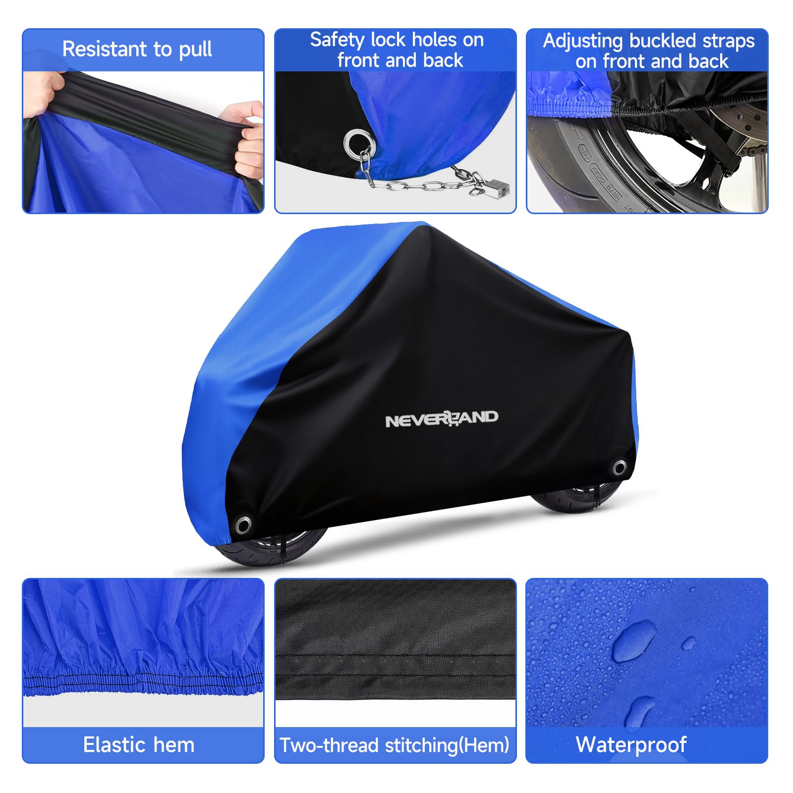 NEVERLAND motorcycle cover side view illustrating secure windproof design