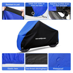 NEVERLAND motorcycle cover side view illustrating secure windproof design