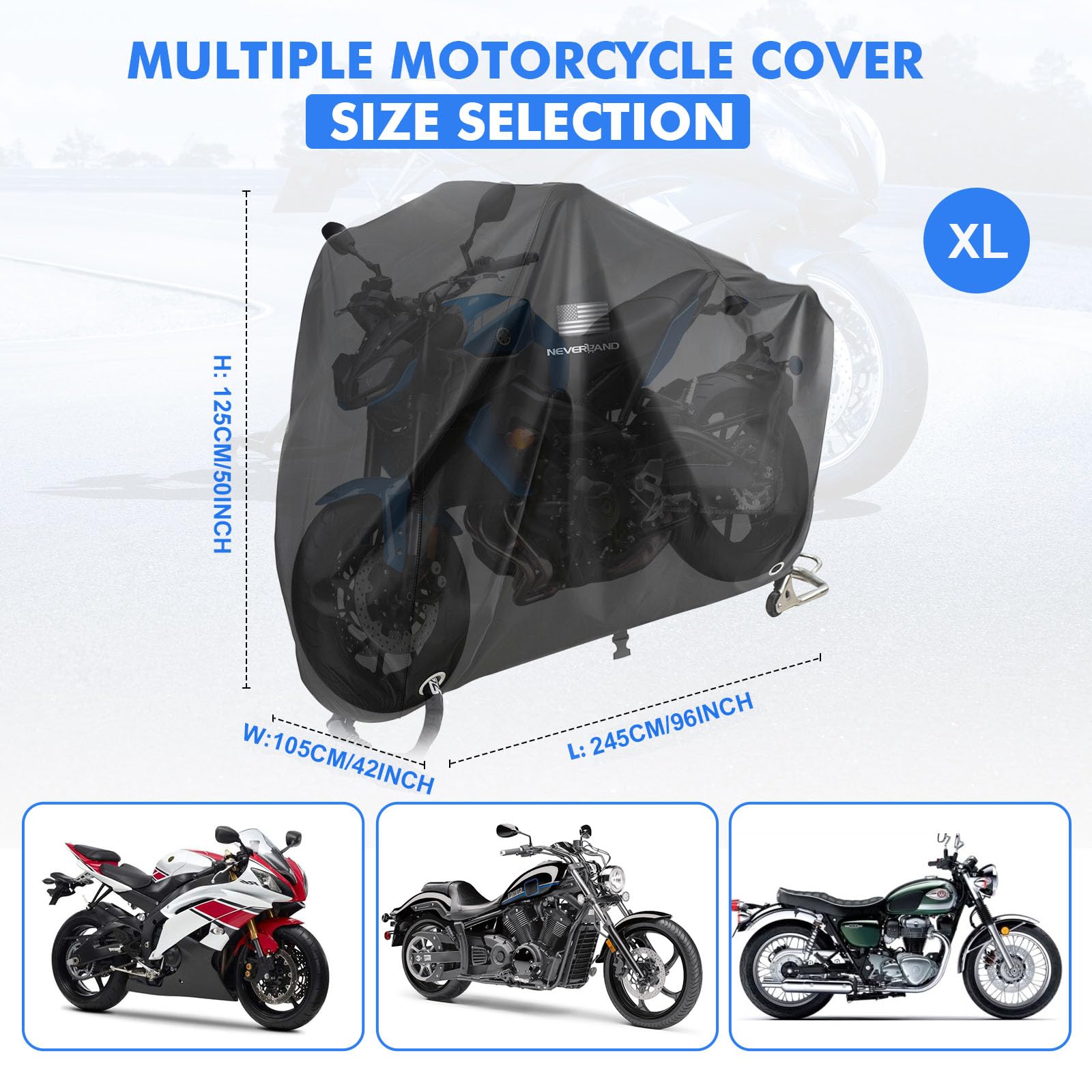Neverland motorcycle cover shows reflective flag logo for night visibility