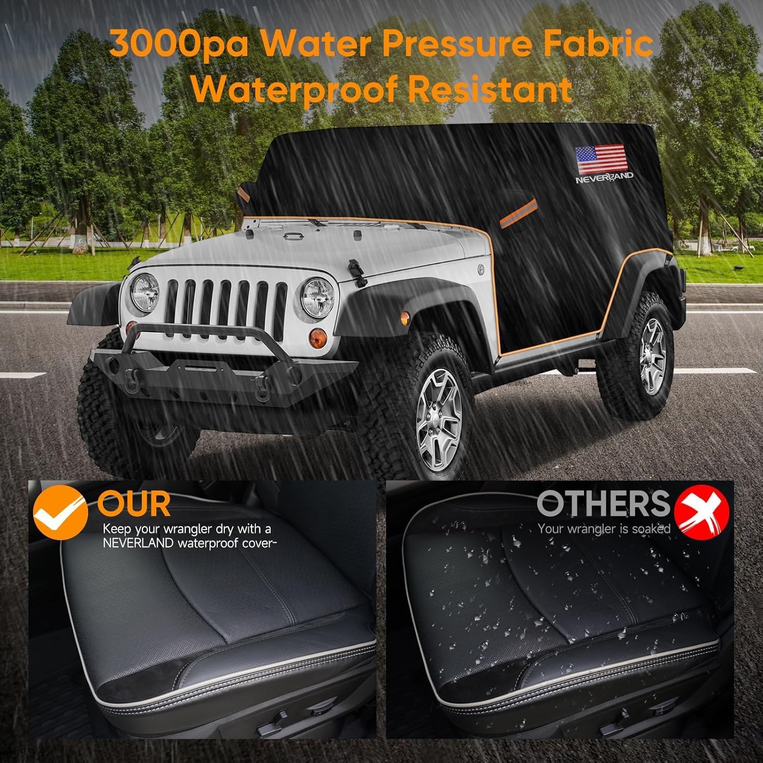 NEVERLAND Wrangler cab cover American flag design highlights Wrangler style while guarding the cab