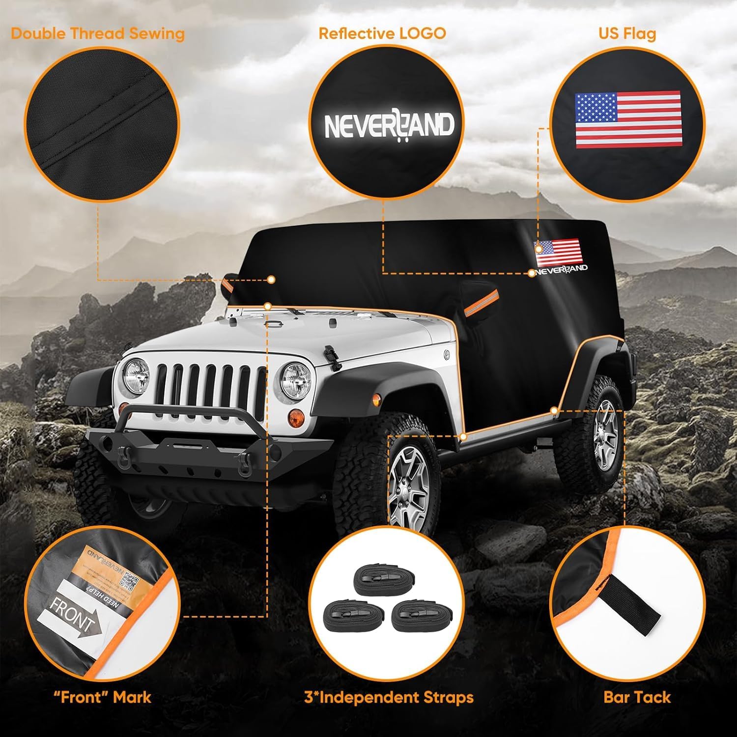 NEVERLAND Wrangler cab cover night reflection with mirror strips for safer nighttime driving