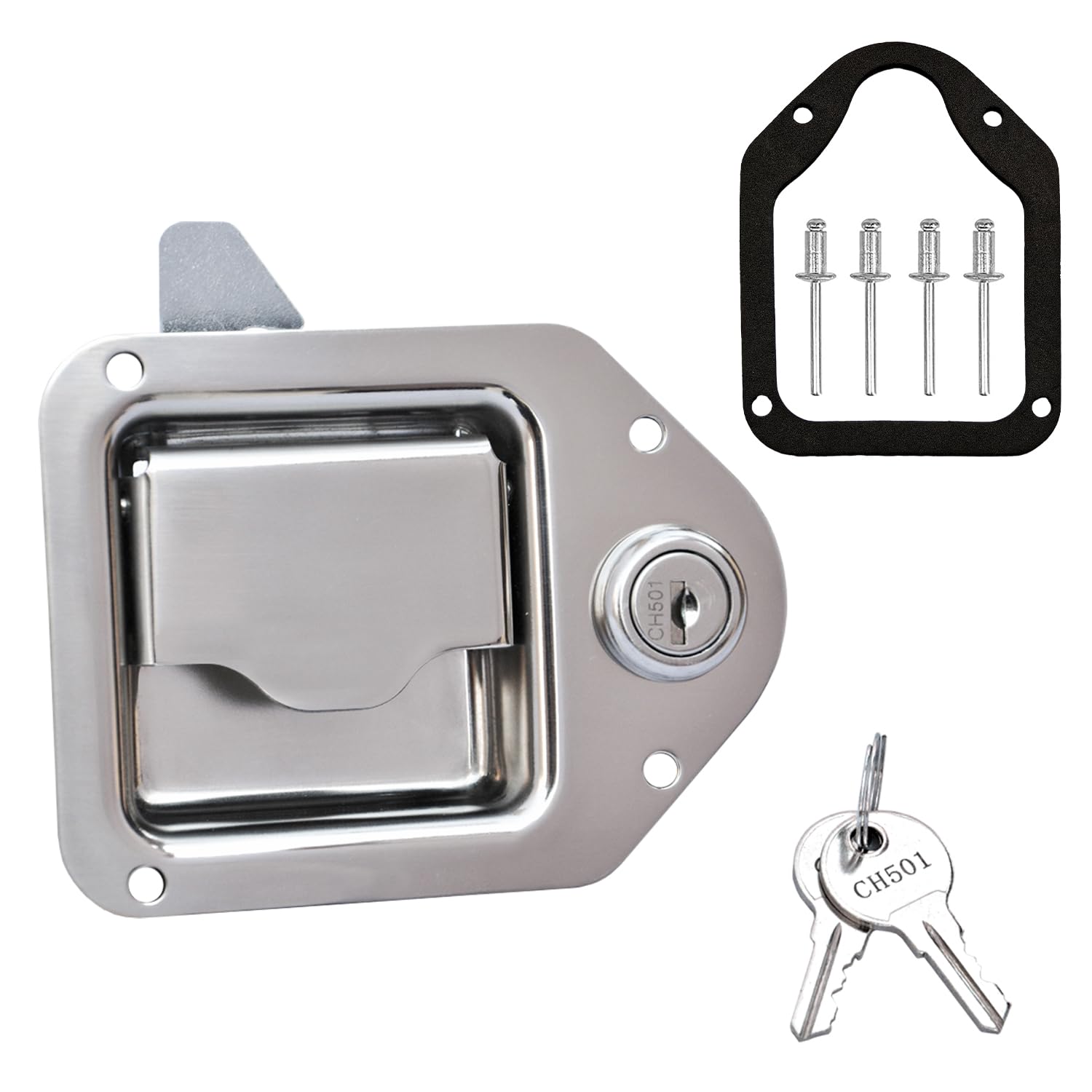 Newace truck toolbox latch paddle-handle close-up shows rugged stainless steel durability