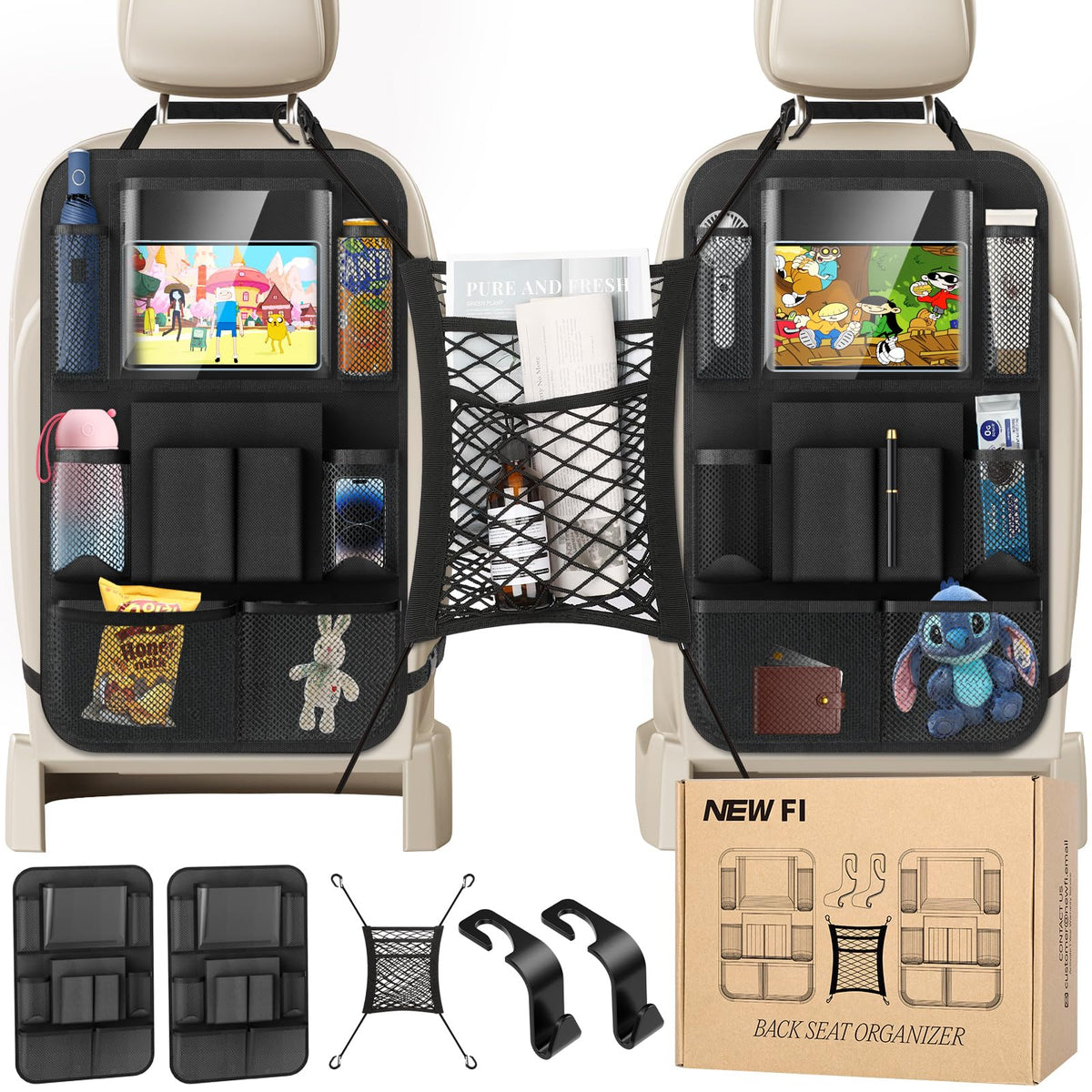 New Fi backseat organizer with 20 pockets for quick access on the road.