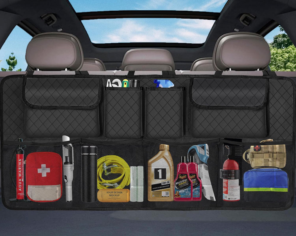 NEWFOM car trunk organizer with eight pockets stores tools neatly organized.