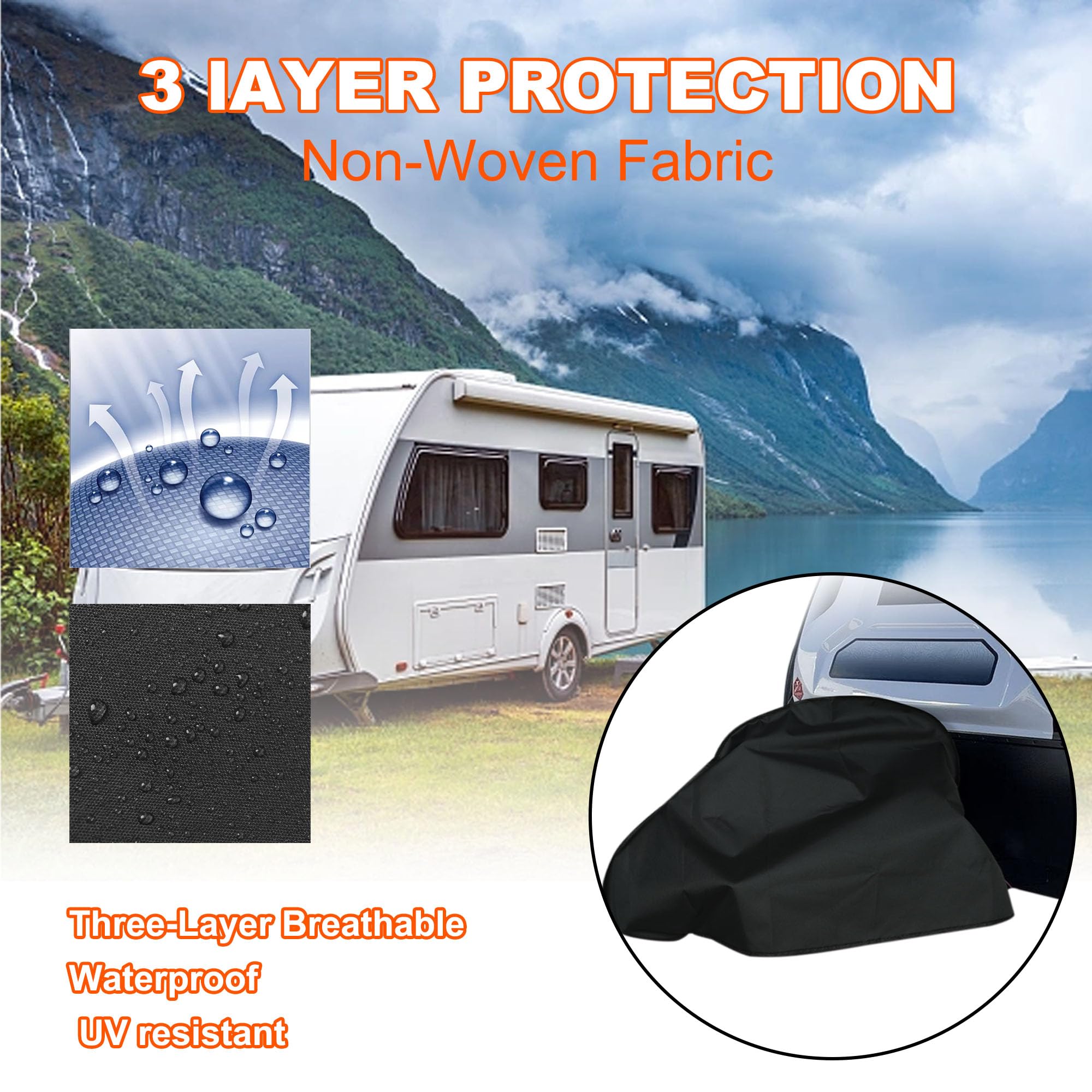 NEWFOM elastic-hem hitch cover provides secure fit on caravans.