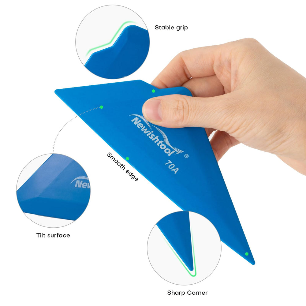 NEWISHTOOL blue triangle squeegee showing soft edge for bubble-free film
