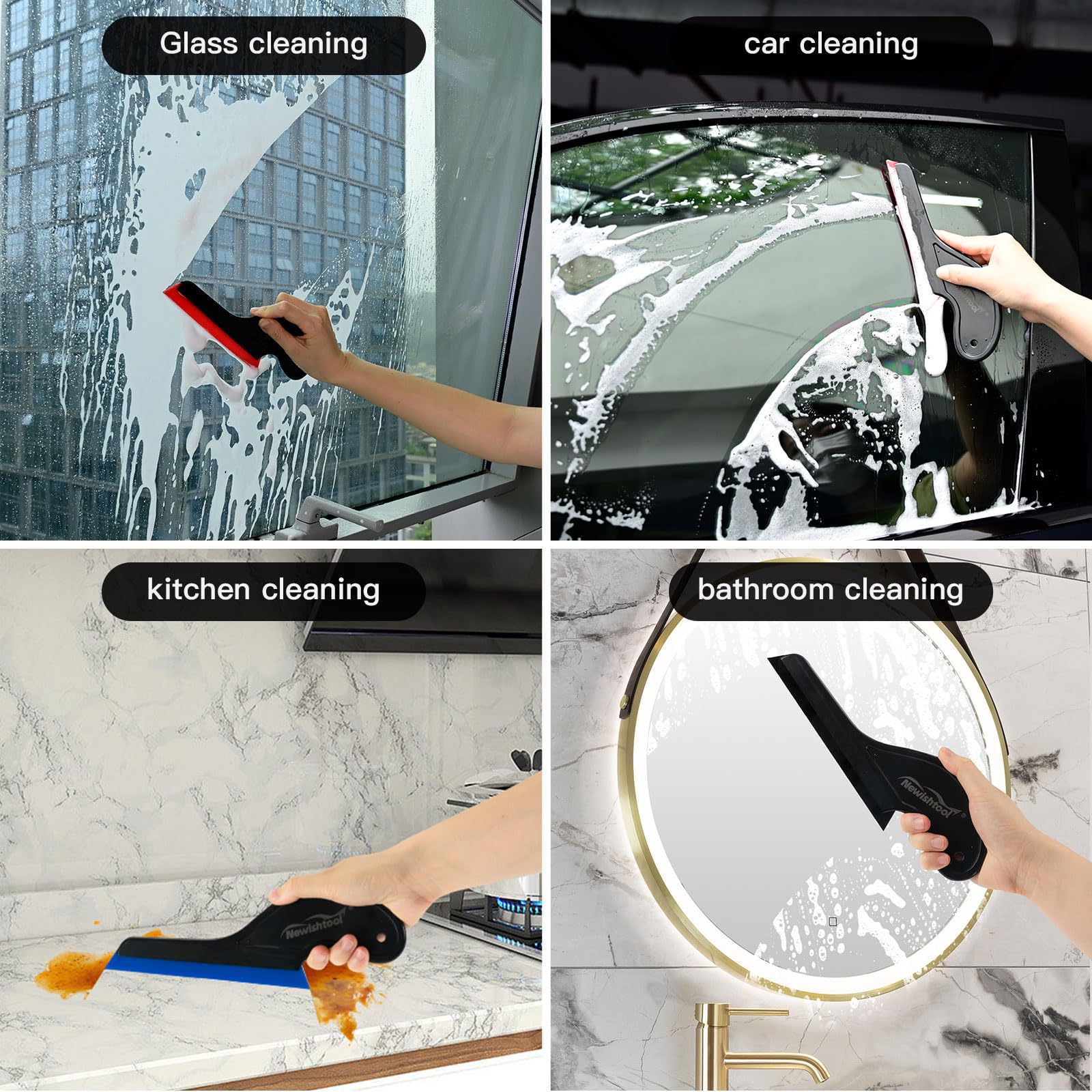 NEWISHTOOL long-handled squeegee provides comfortable grip for auto glass work.