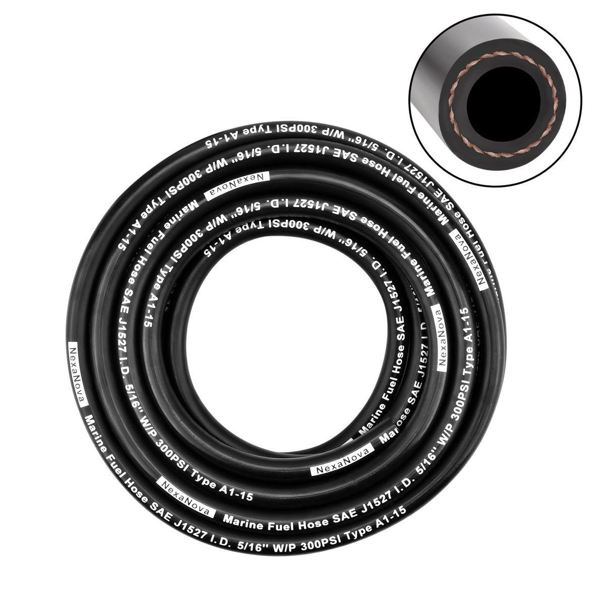 NexaNova marine fuel line hose Type A1-15, side view showcases 5/16 inch size for steady fuel flow