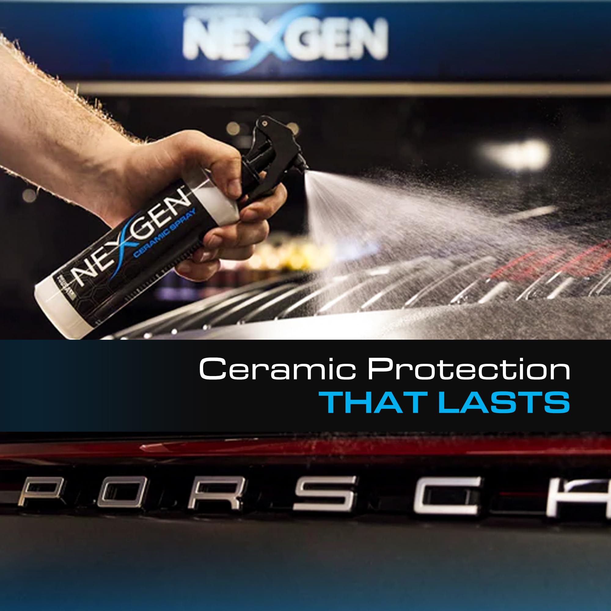 Nexgen Ceramic Spray application scene demonstrates fast, even coating on a vehicle.
