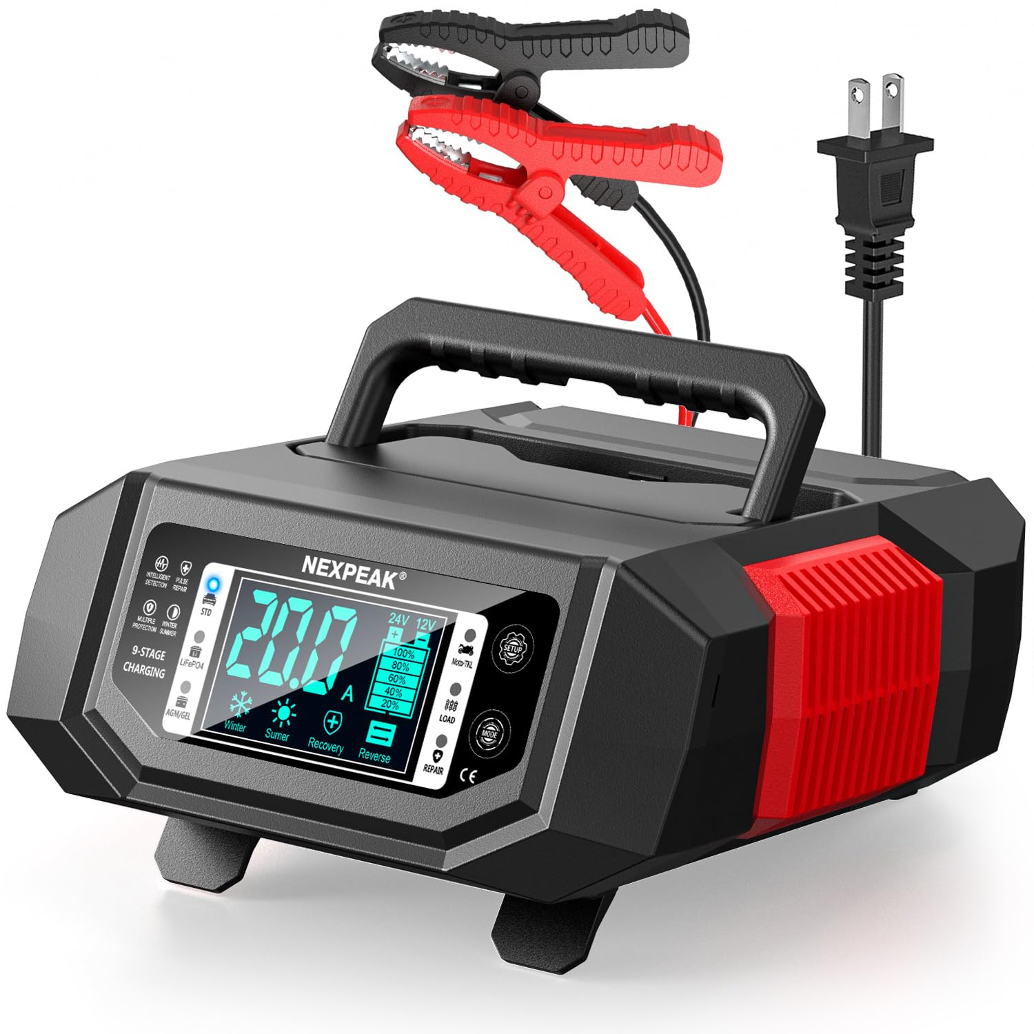 NEXPEAK 1-20A charger LCD display shows voltage and temperature for precise monitoring