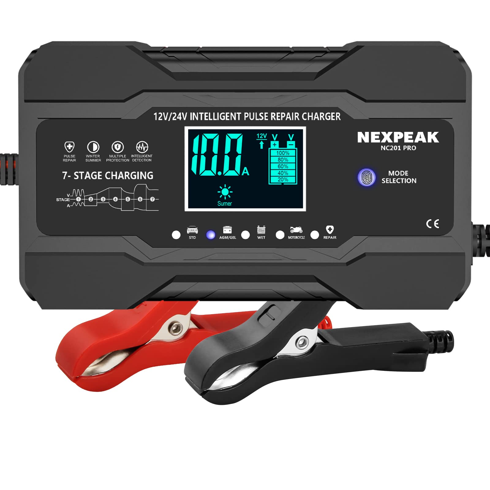 NEXPEAK 10-Amp car battery charger front view with rapid charging capability