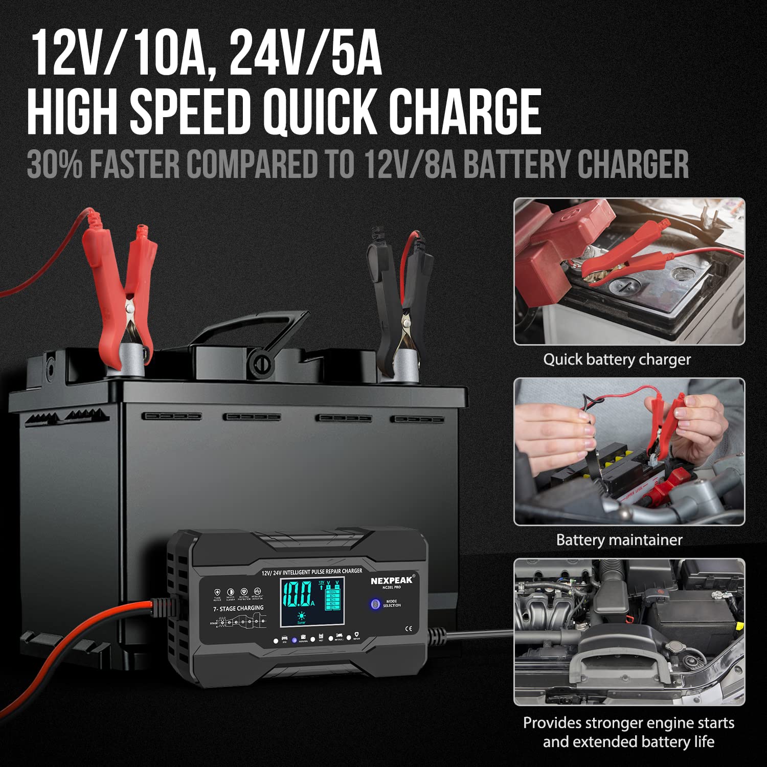 NEXPEAK 12V/24V charger display showing charging status for easy monitoring
