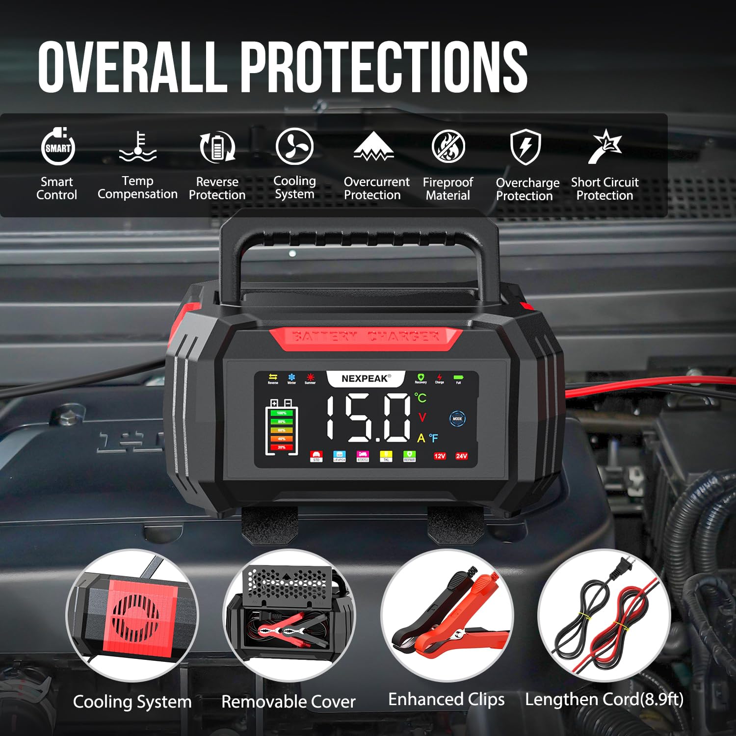 NEXPEAK 15A charger with 8-9 ft cord for flexible placement.