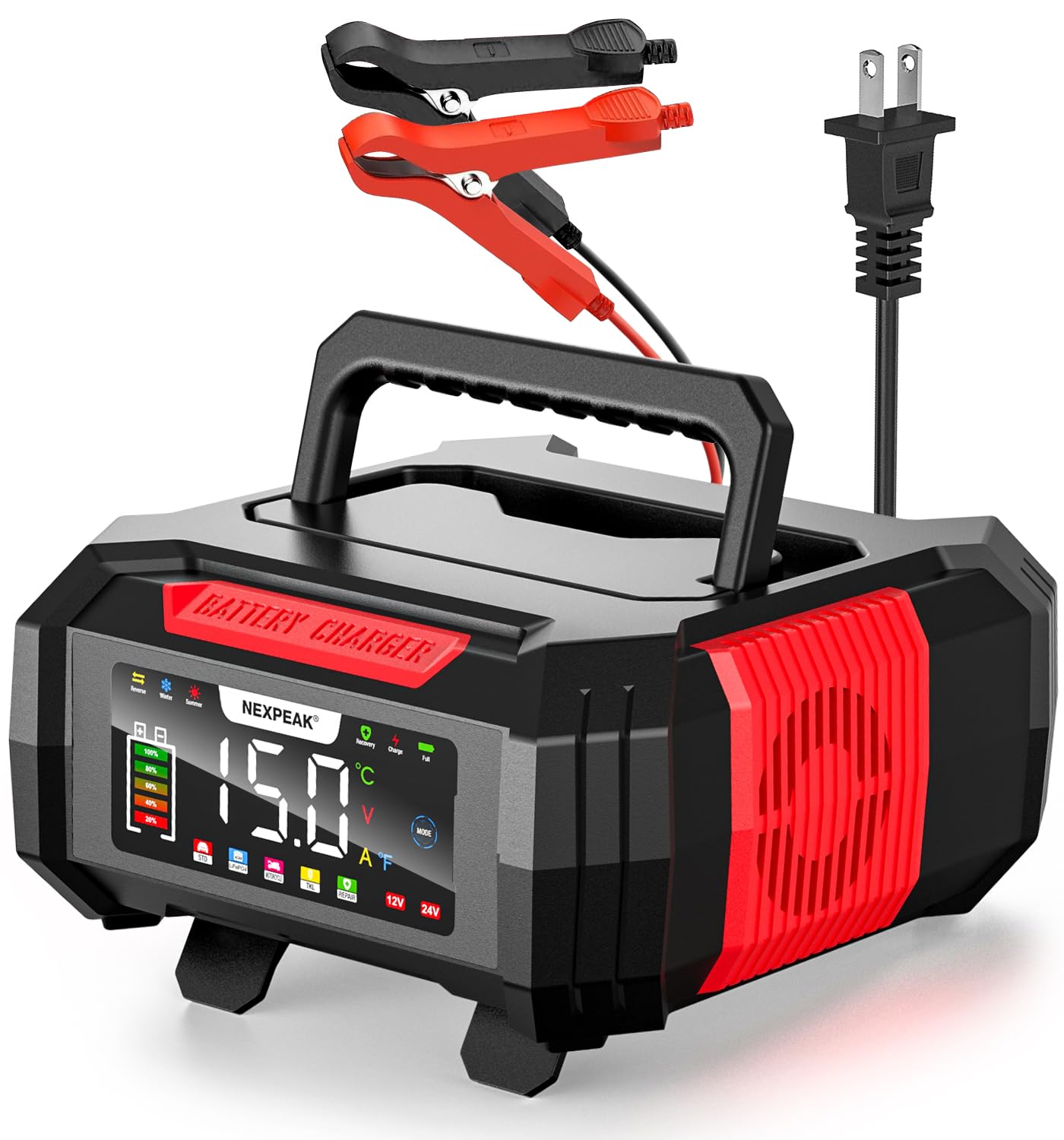 NEXPEAK 15A charger front view highlighting quick 9-stage charging for ready batteries.
