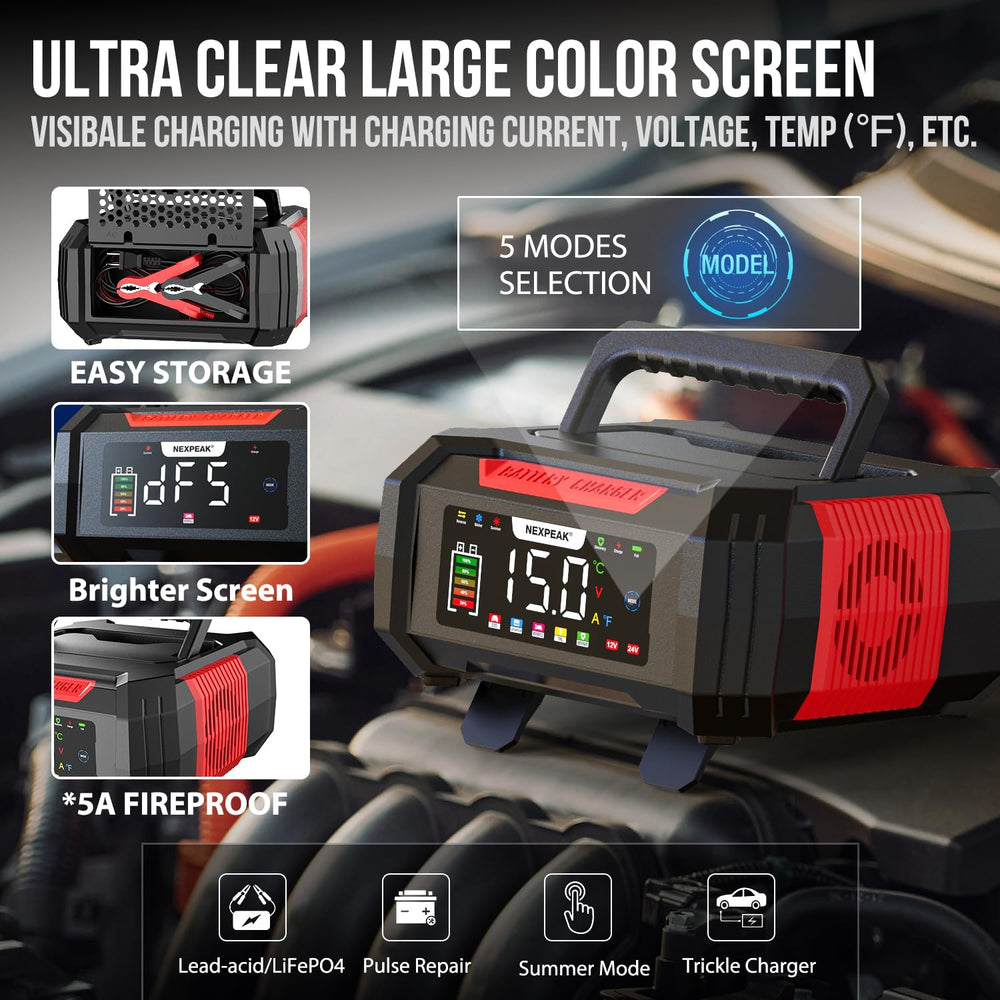 NEXPEAK 15A charger in winter mode for battery maintenance during storage.