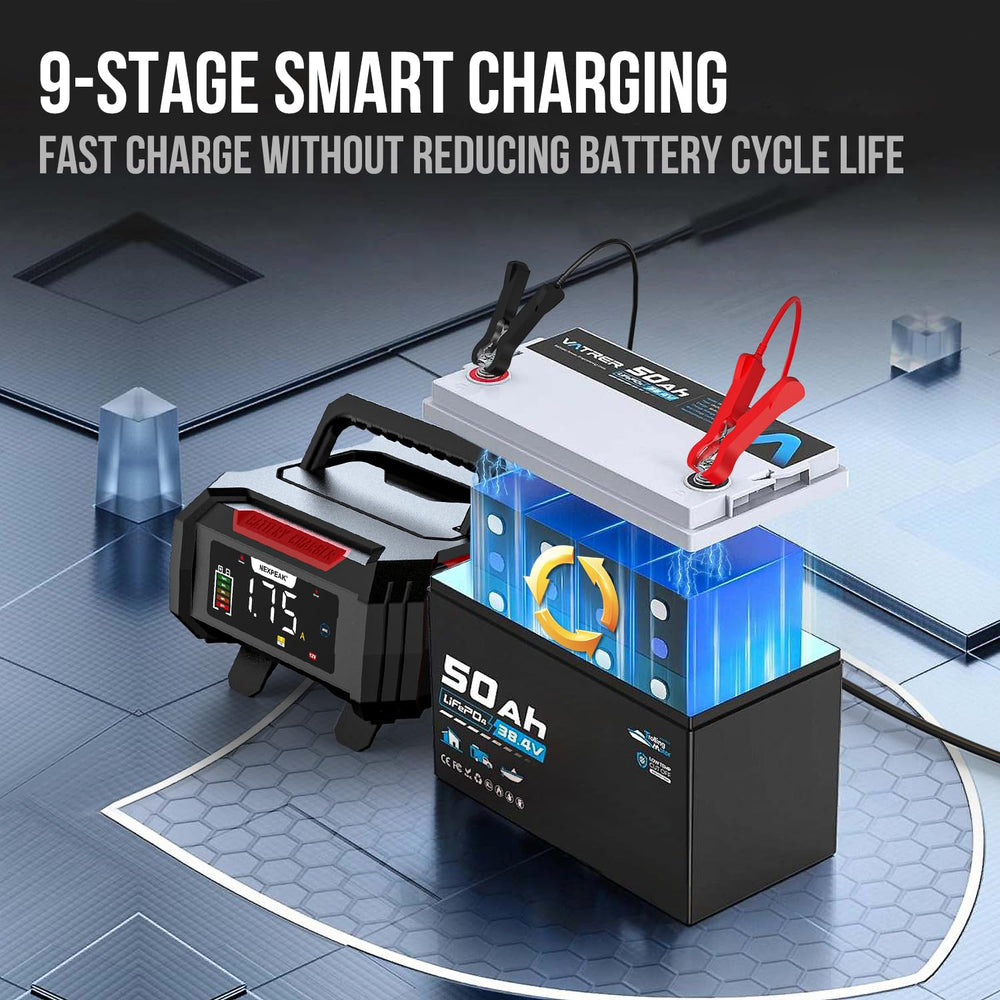 NEXPEAK 15A charger pulse repair indicator reviving sulfated batteries effectively.