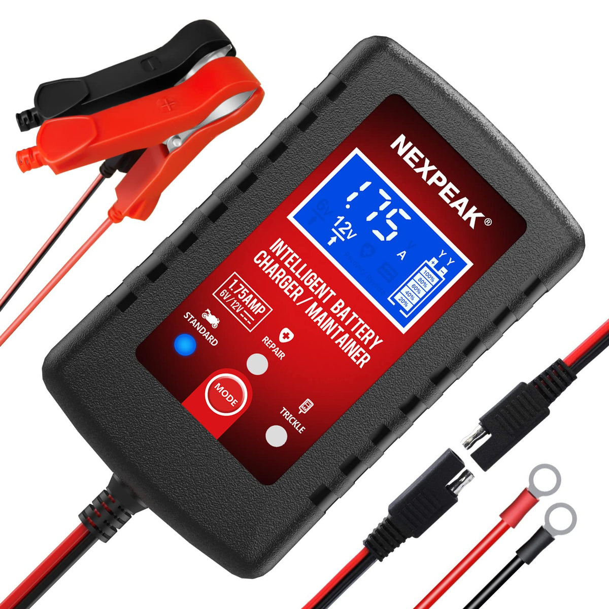 NEXPEAK 1.75A battery charger with LCD display shows real-time charging status