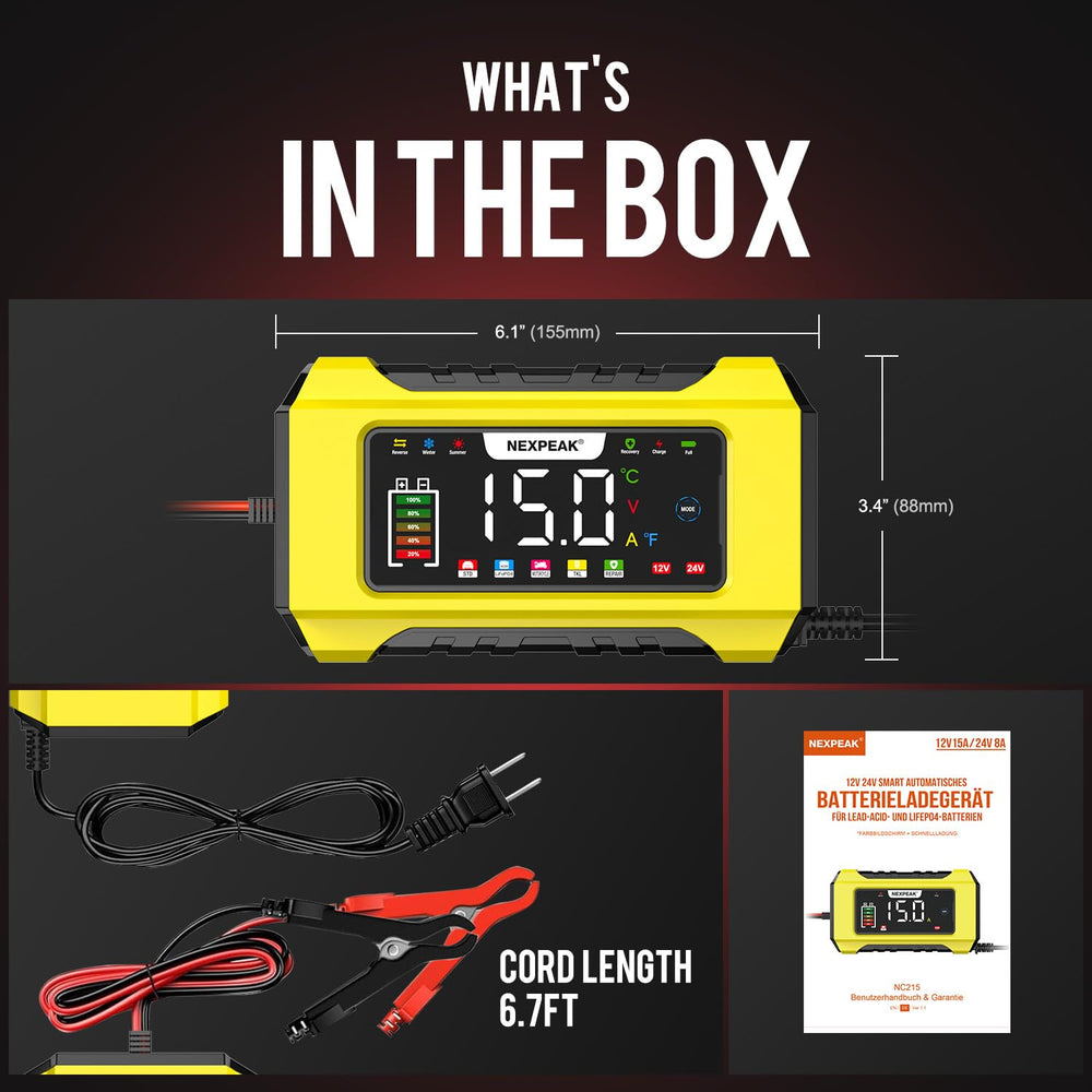 NEXPEAK NC215 supports multiple battery types for cars, boats, and lawn equipment.
