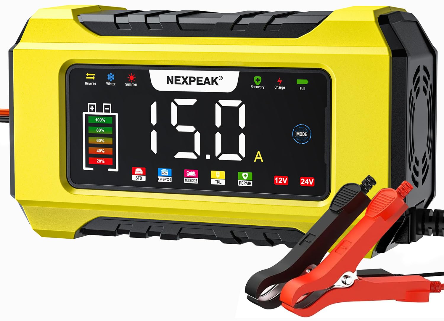 NEXPEAK NC215 panel display shows charging status for quick checks.