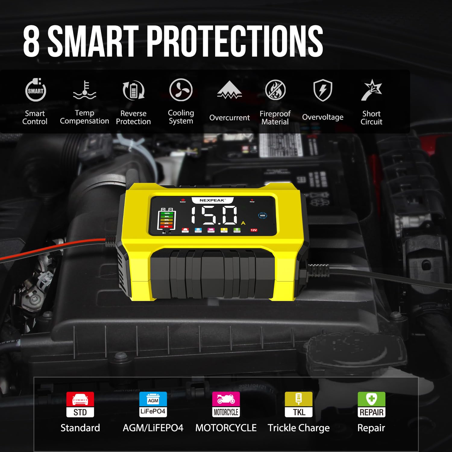 NEXPEAK NC215 trickle/float mode maintains batteries during storage.