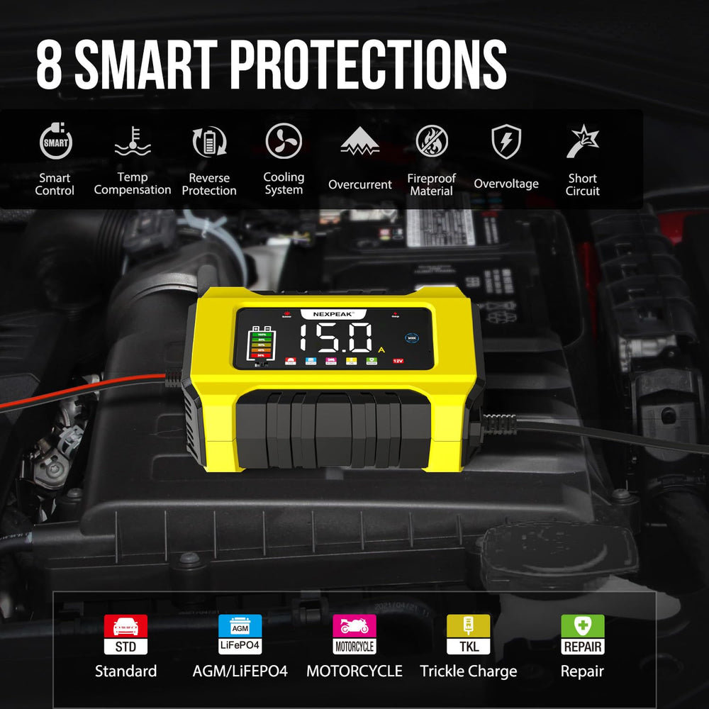 NEXPEAK NC215 trickle/float mode maintains batteries during storage.