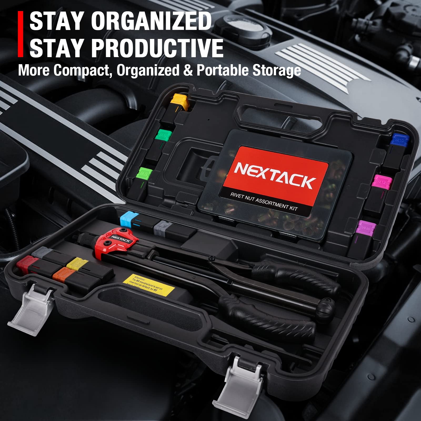 NEXTACK 105-piece rivnut kit organized in a labeled case for quick access